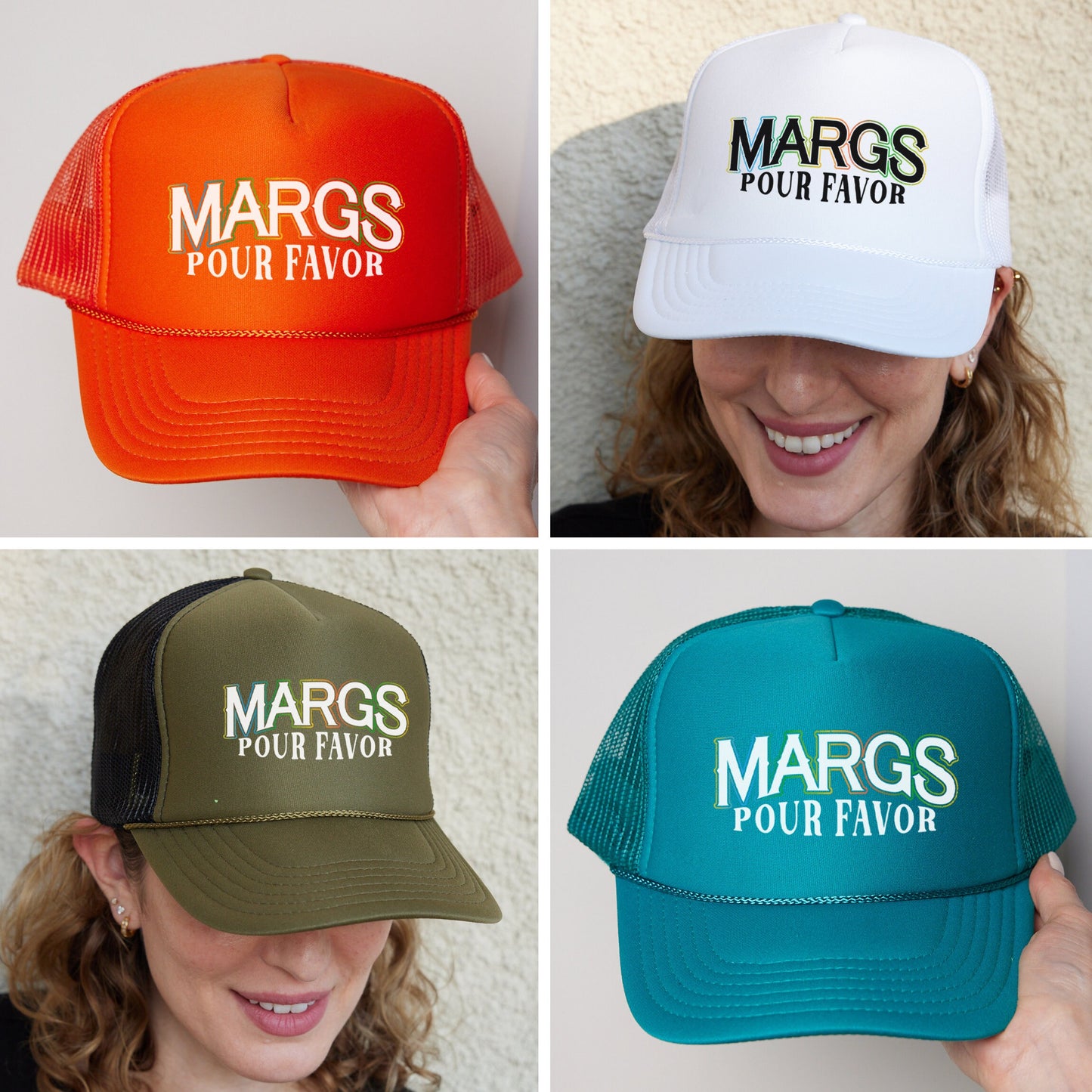 four hats with margs pour favors on them