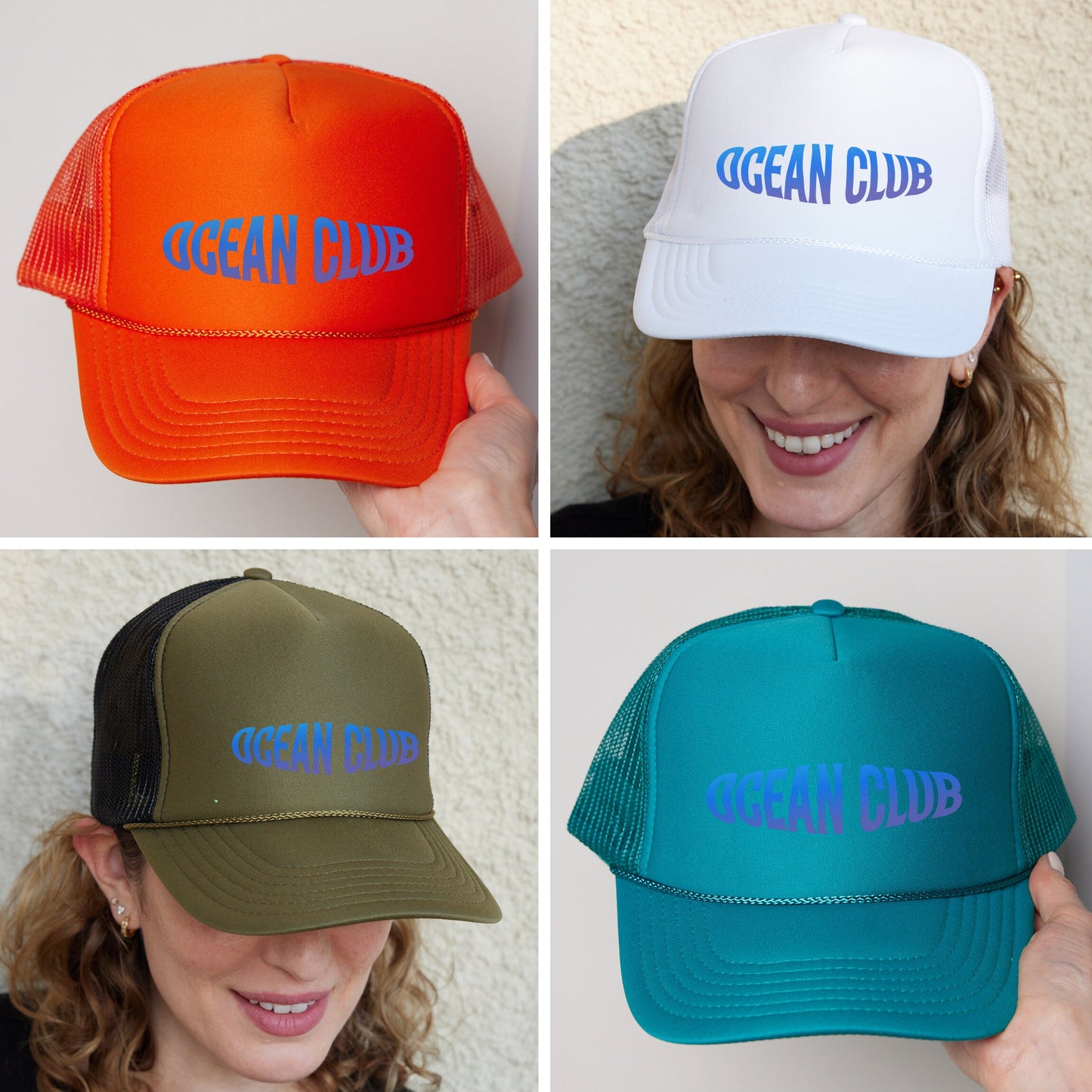 four different hats with the words ocean club on them