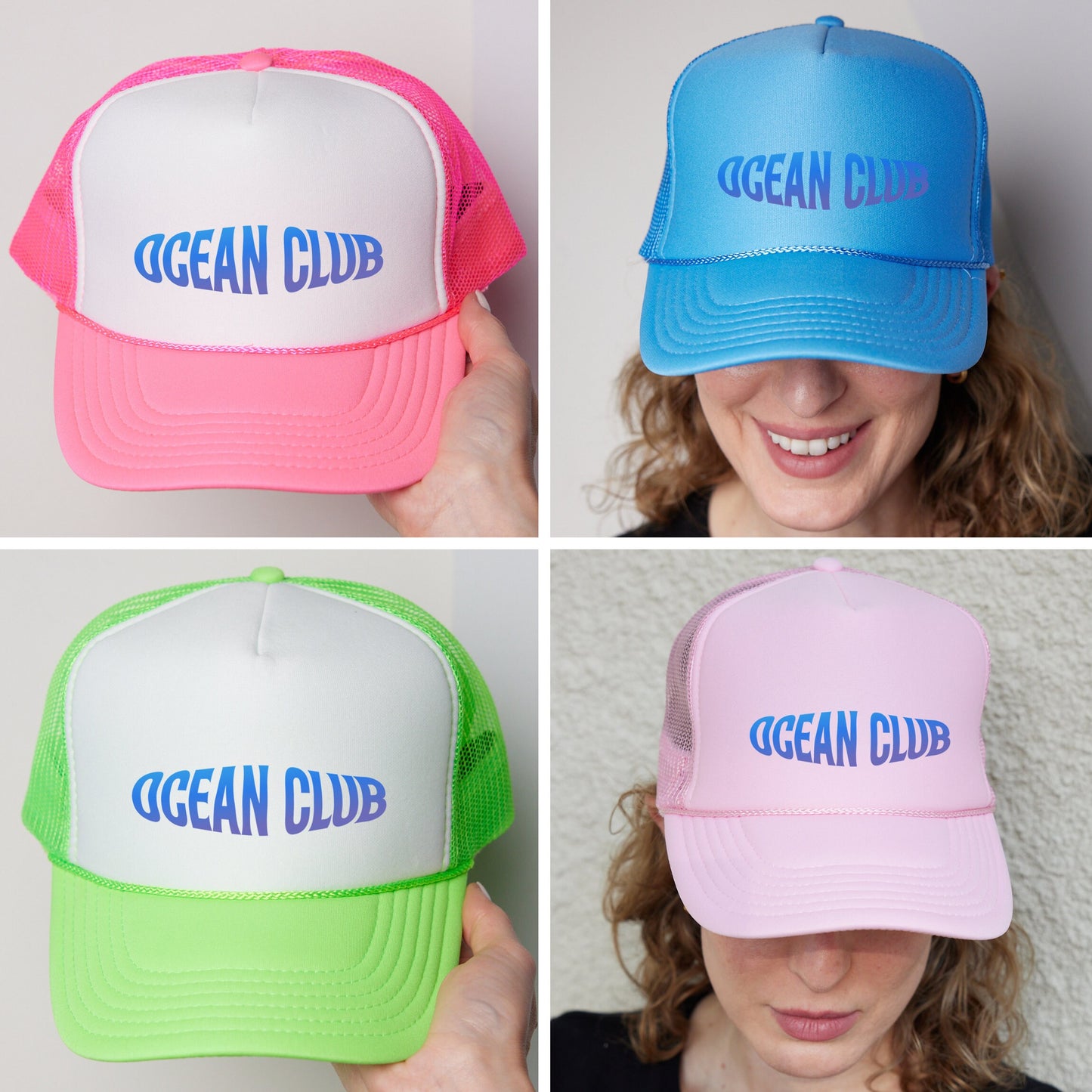four different hats with the words ocean club on them