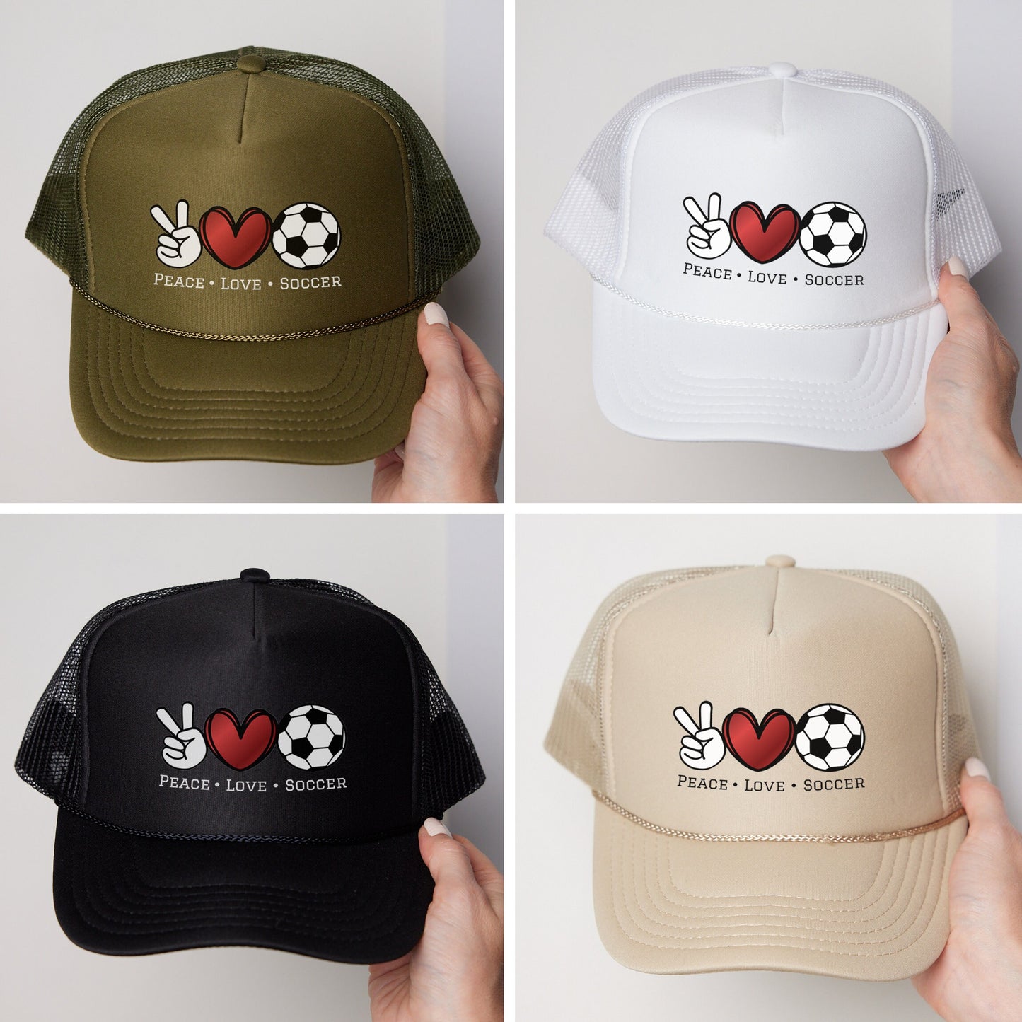 four hats with peace love soccer written on them