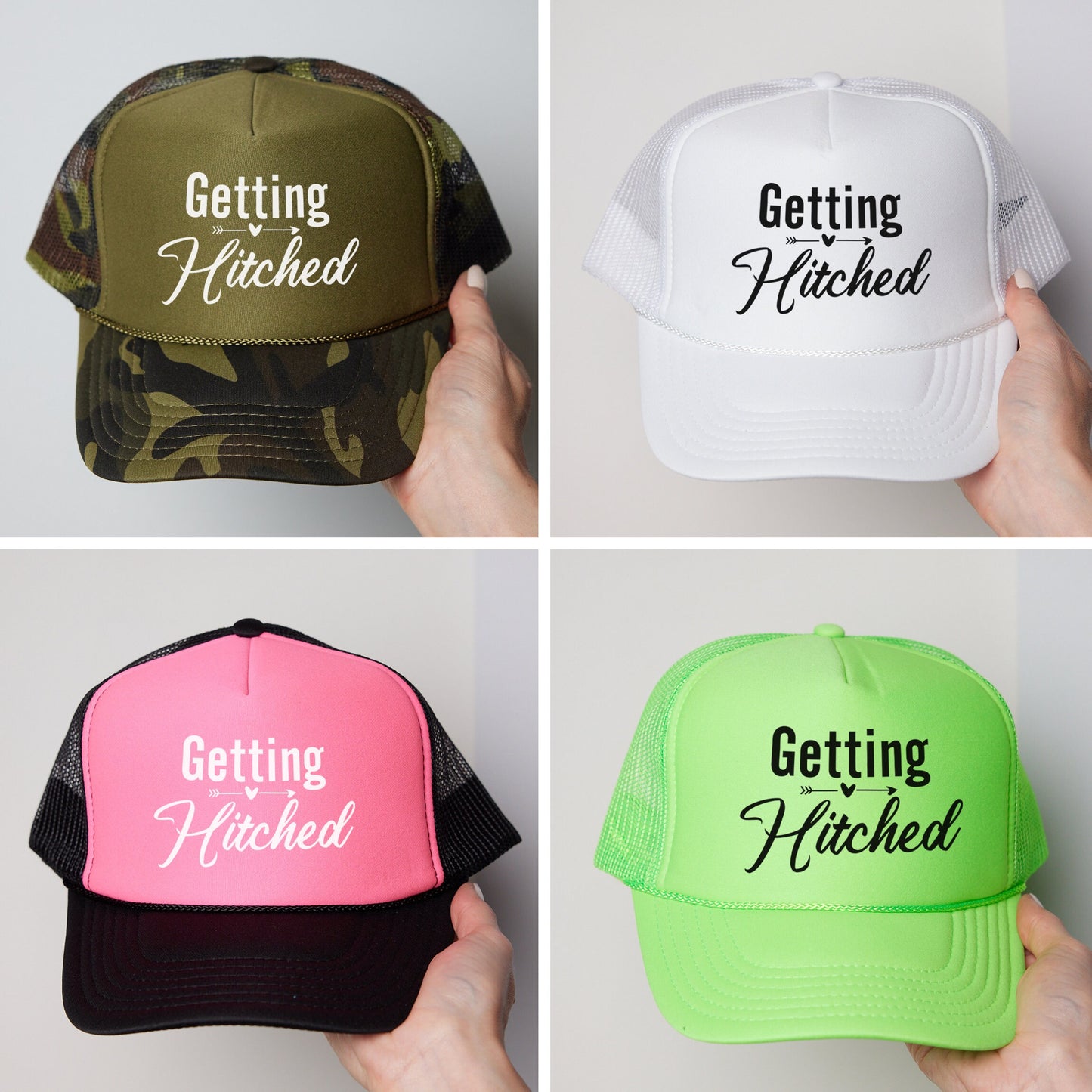 four hats that say getting hitched, getting hitched, getting hitched,