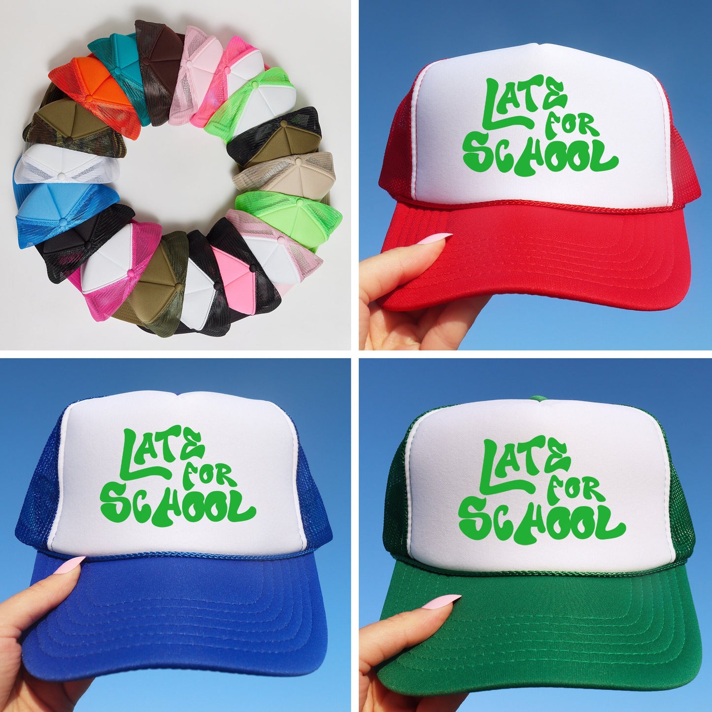 a collage of four hats with the words let's for school written on