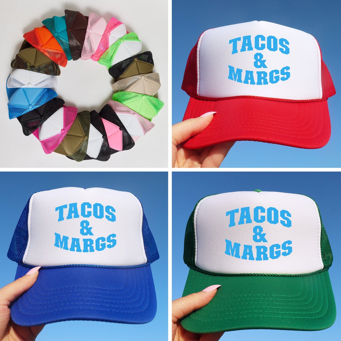 a collage of four hats with tacos and marcs on them