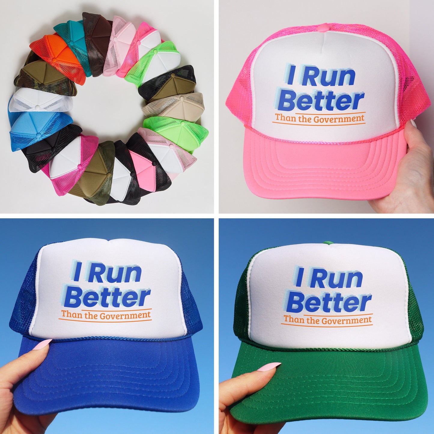 a collage of four hats with i run better on them