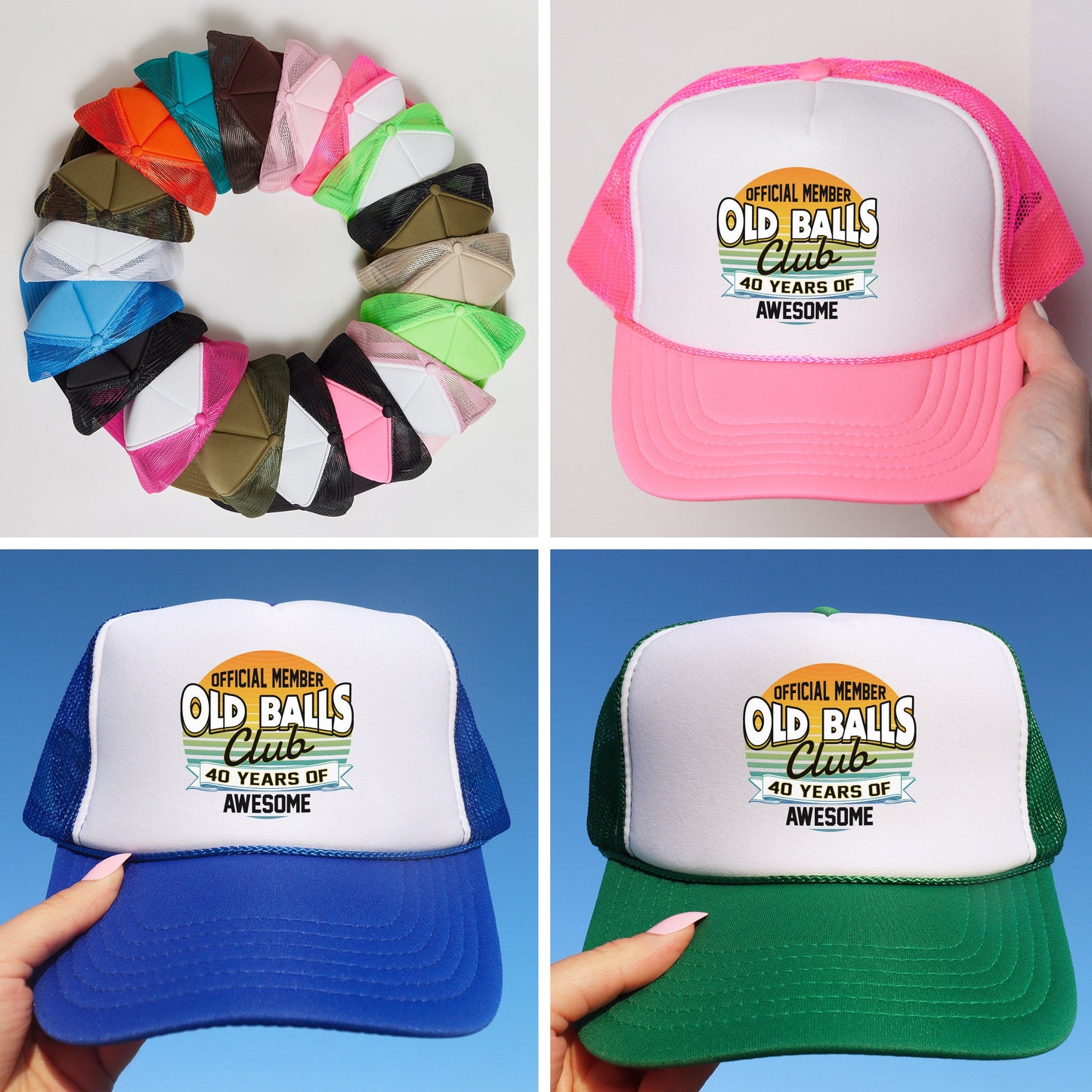 a collage of four different hats with old balls on them