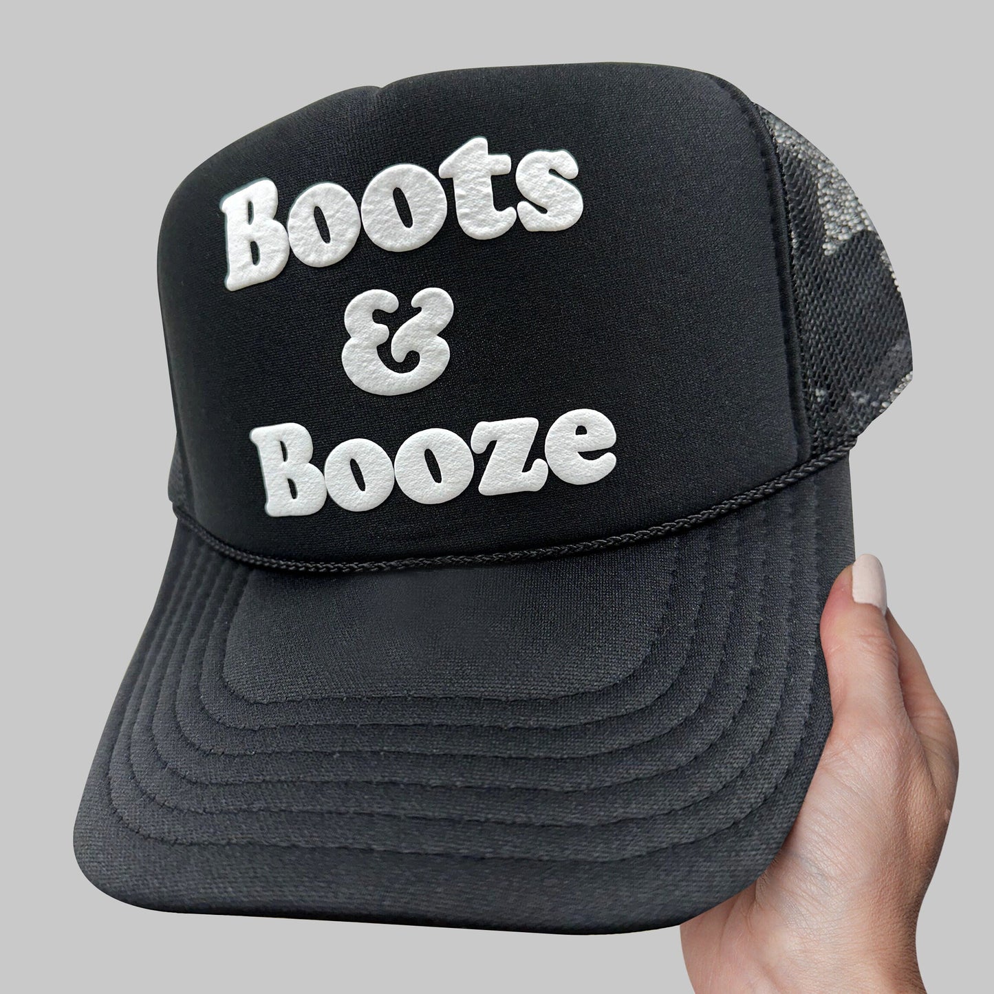 Boots & Booze Puff Print Trucker Hat, Boots And Booze Cap