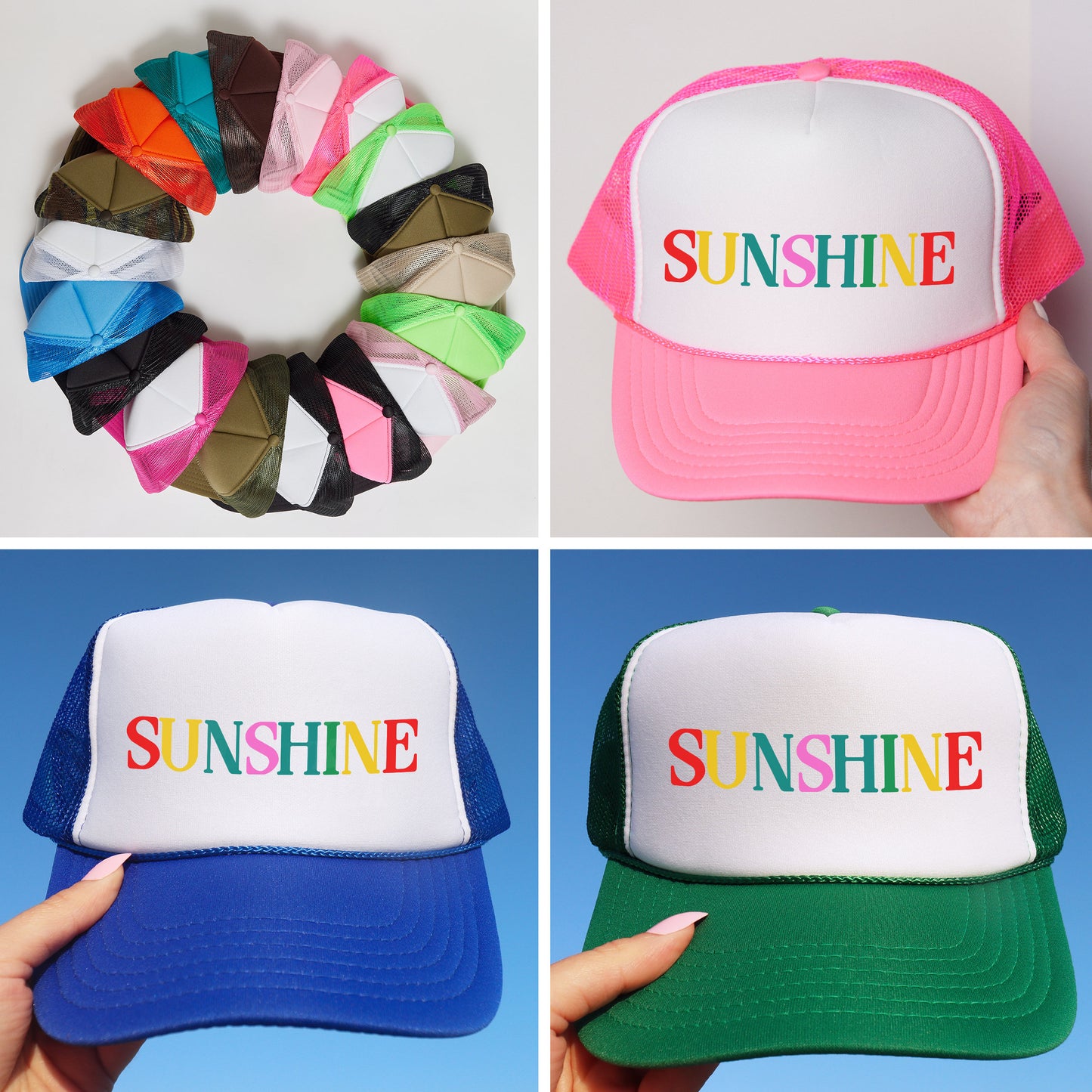 a collage of different hats with the words sunshine on them