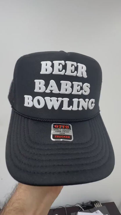 Beer Babes Bowling Puff Print Trucker Hat, Beer Babes Bowling Hat