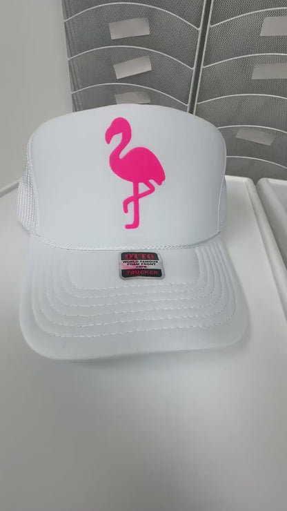 Flamingo Puff Print Trucker Hat, Flamingo Hat