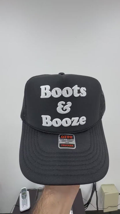 Boots & Booze Puff Print Trucker Hat, Boots And Booze Cap