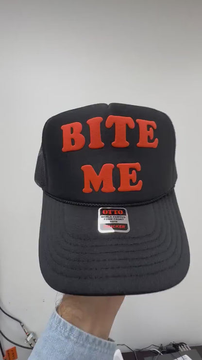 Bite Me Puff Print Trucker Hat, Bite Me Hat