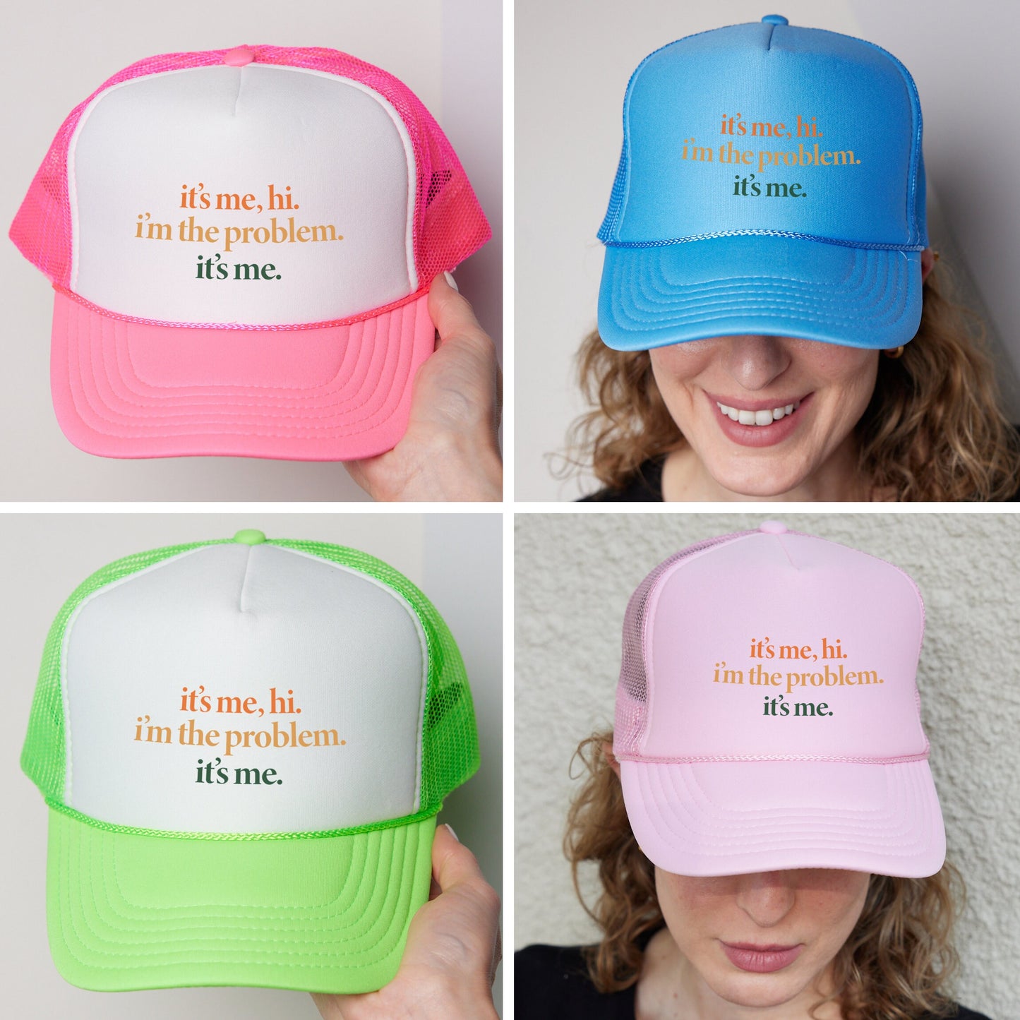 four different hats with different sayings on them