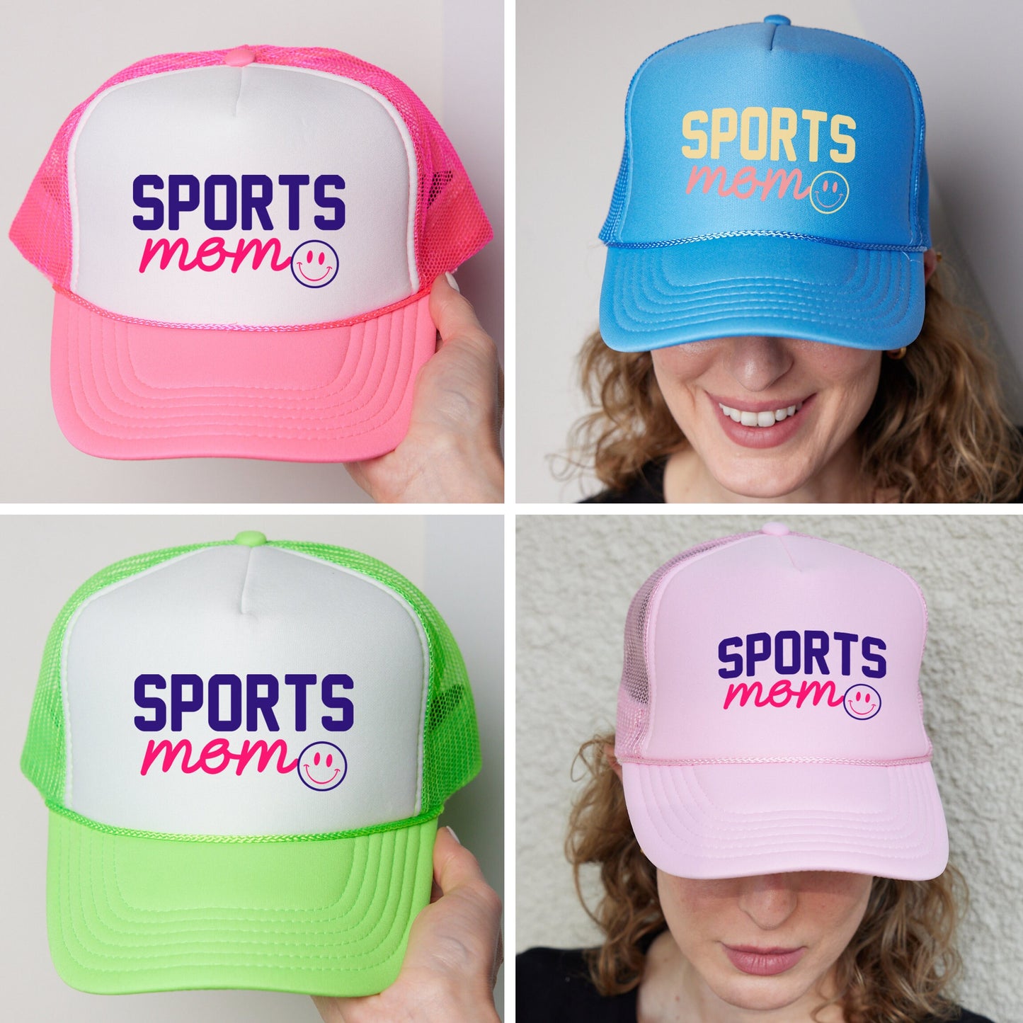 four different hats with the words sports mom on them