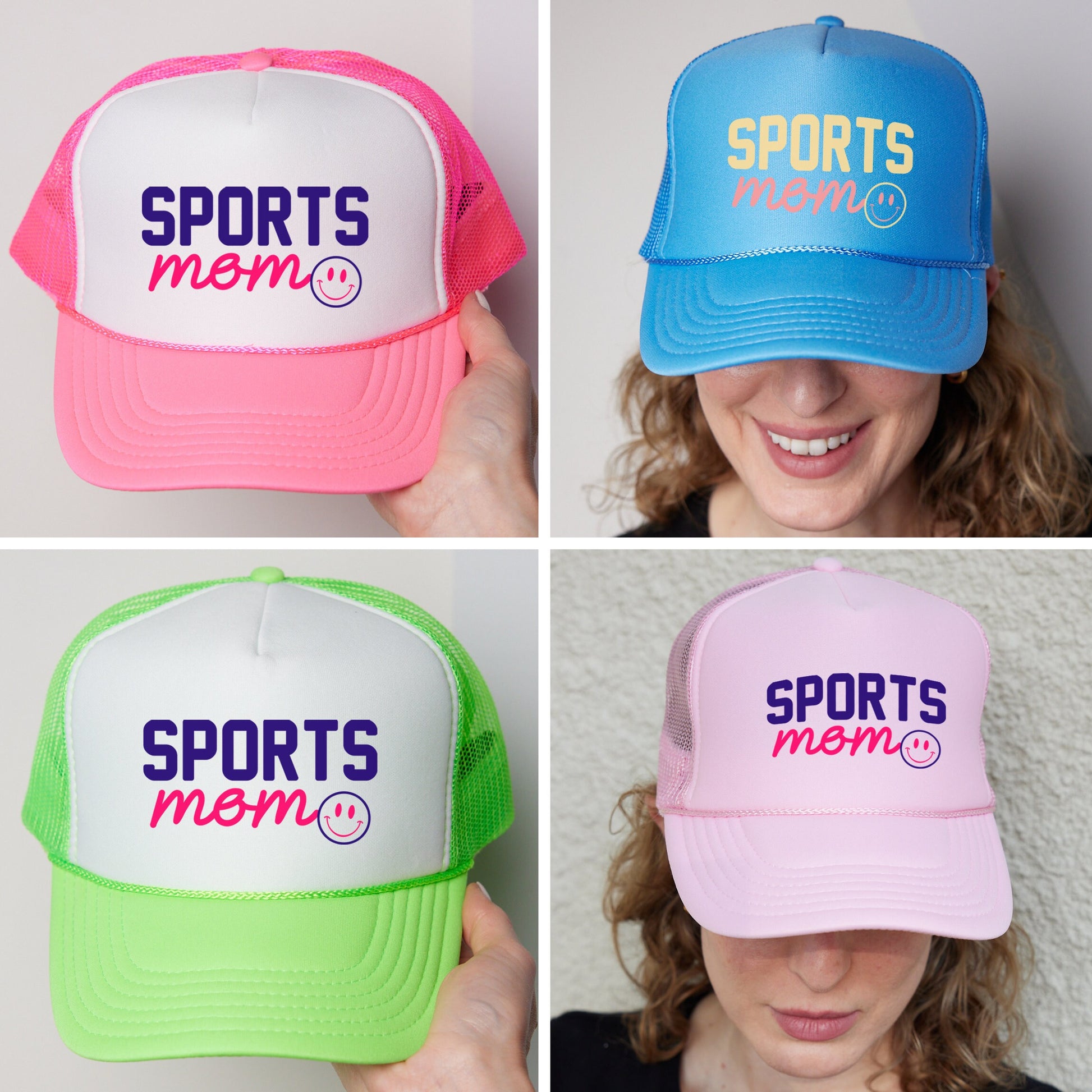 four different hats with the words sports mom on them