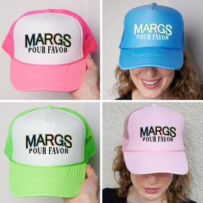 four hats with margs pour favors written on them