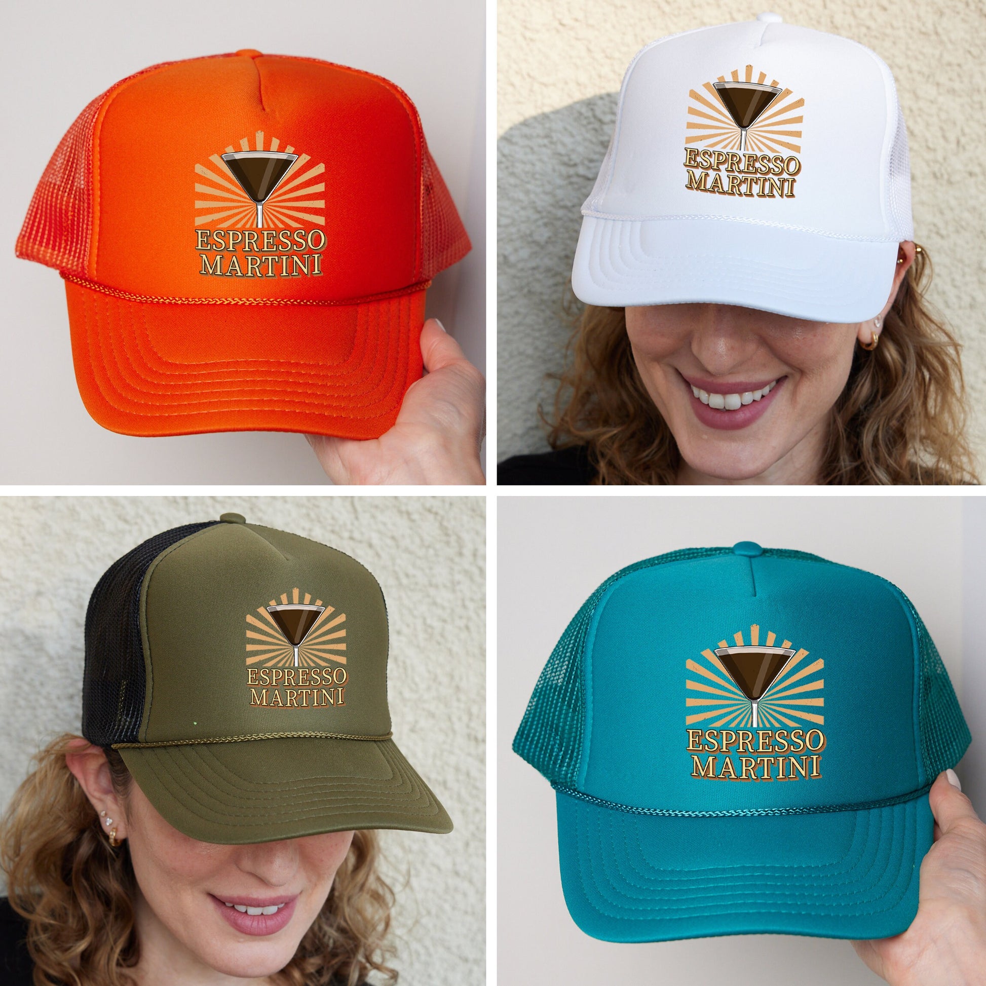 four different colored hats with a woman smiling