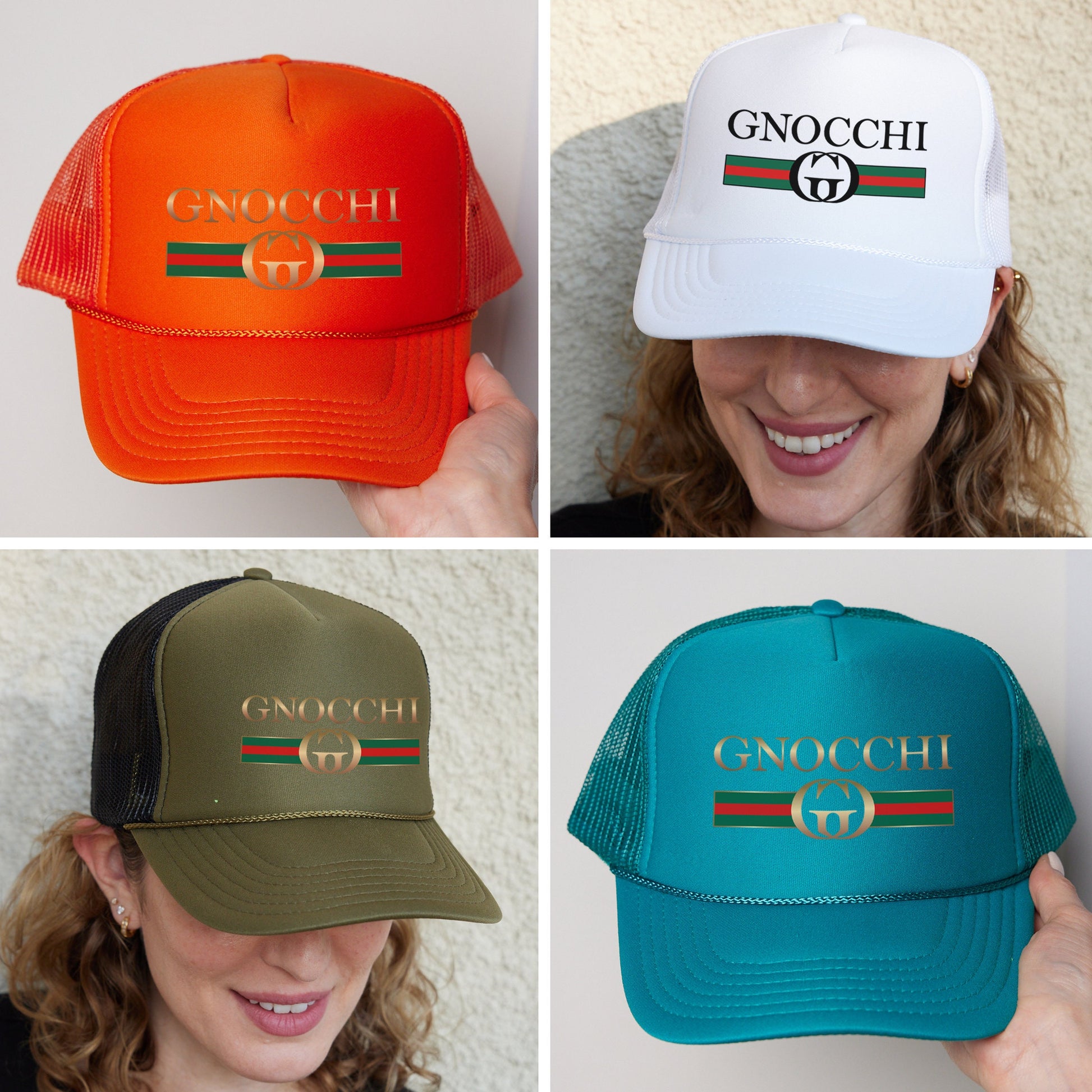 four hats with different colors and designs on them