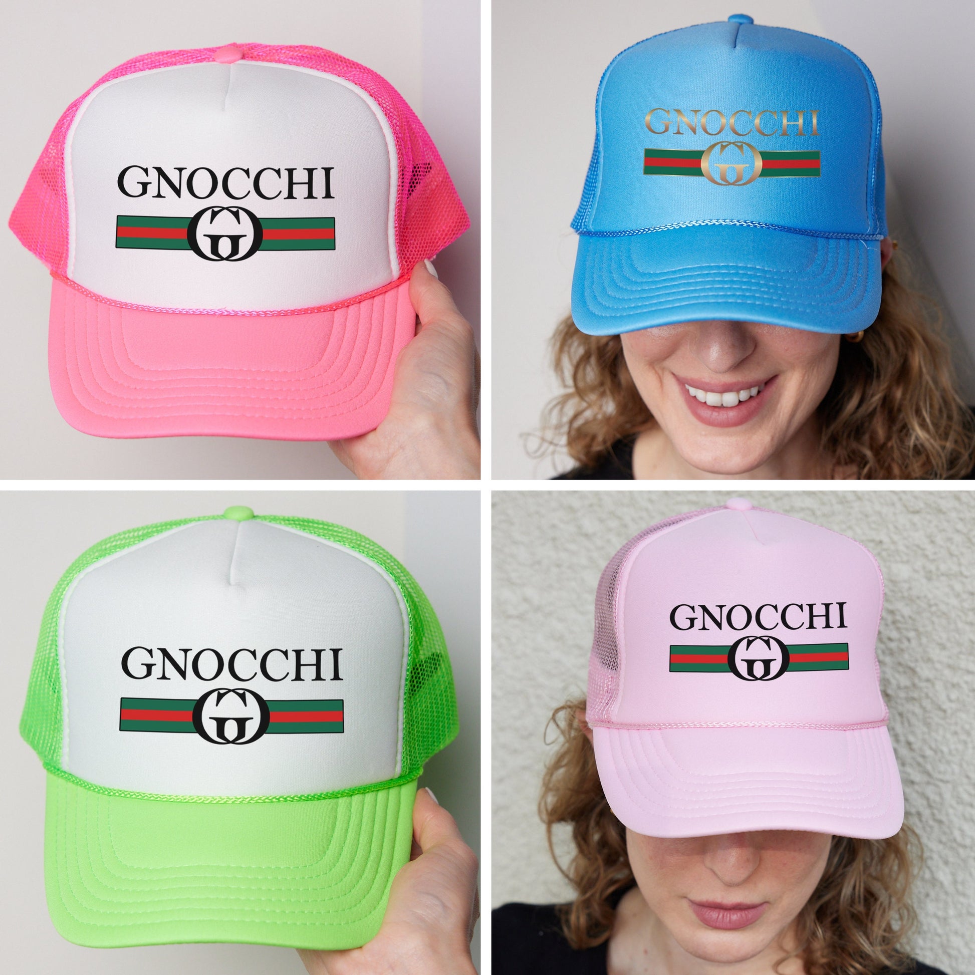 four hats with different colors and designs on them