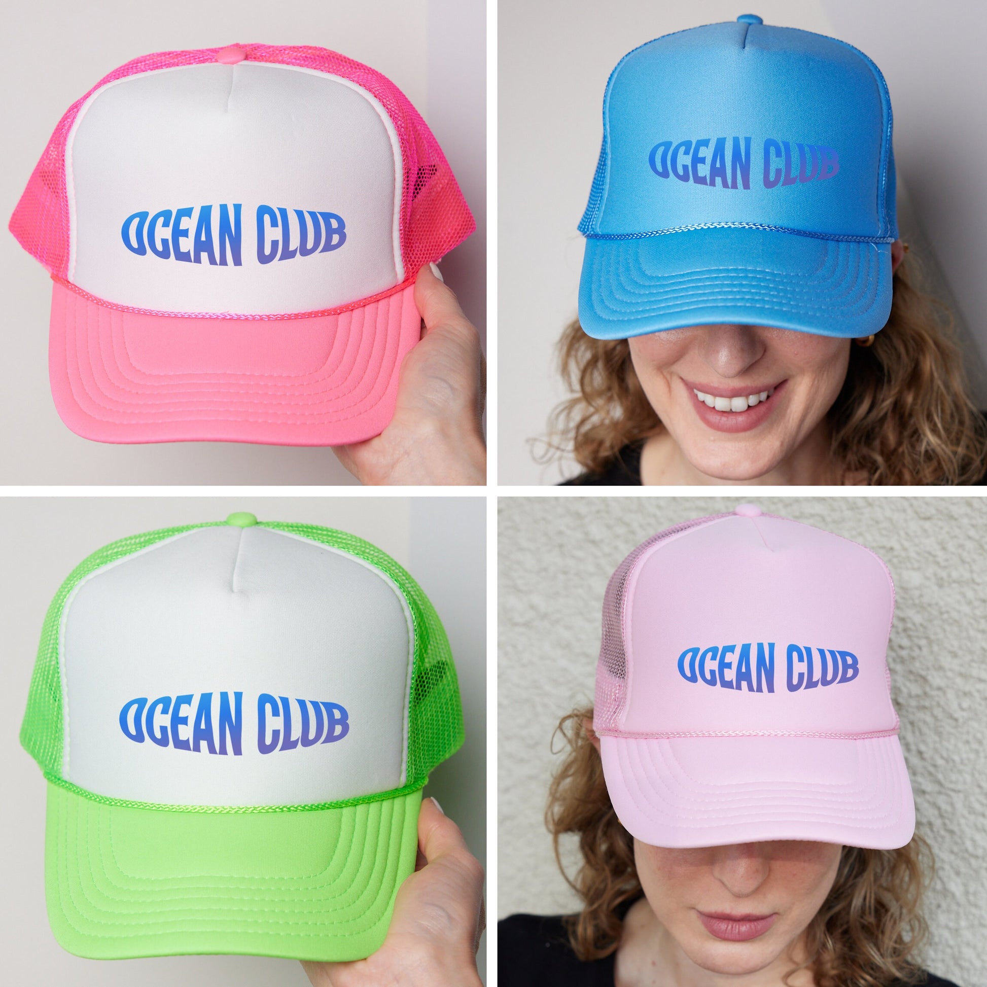 four different hats with the words ocean club on them