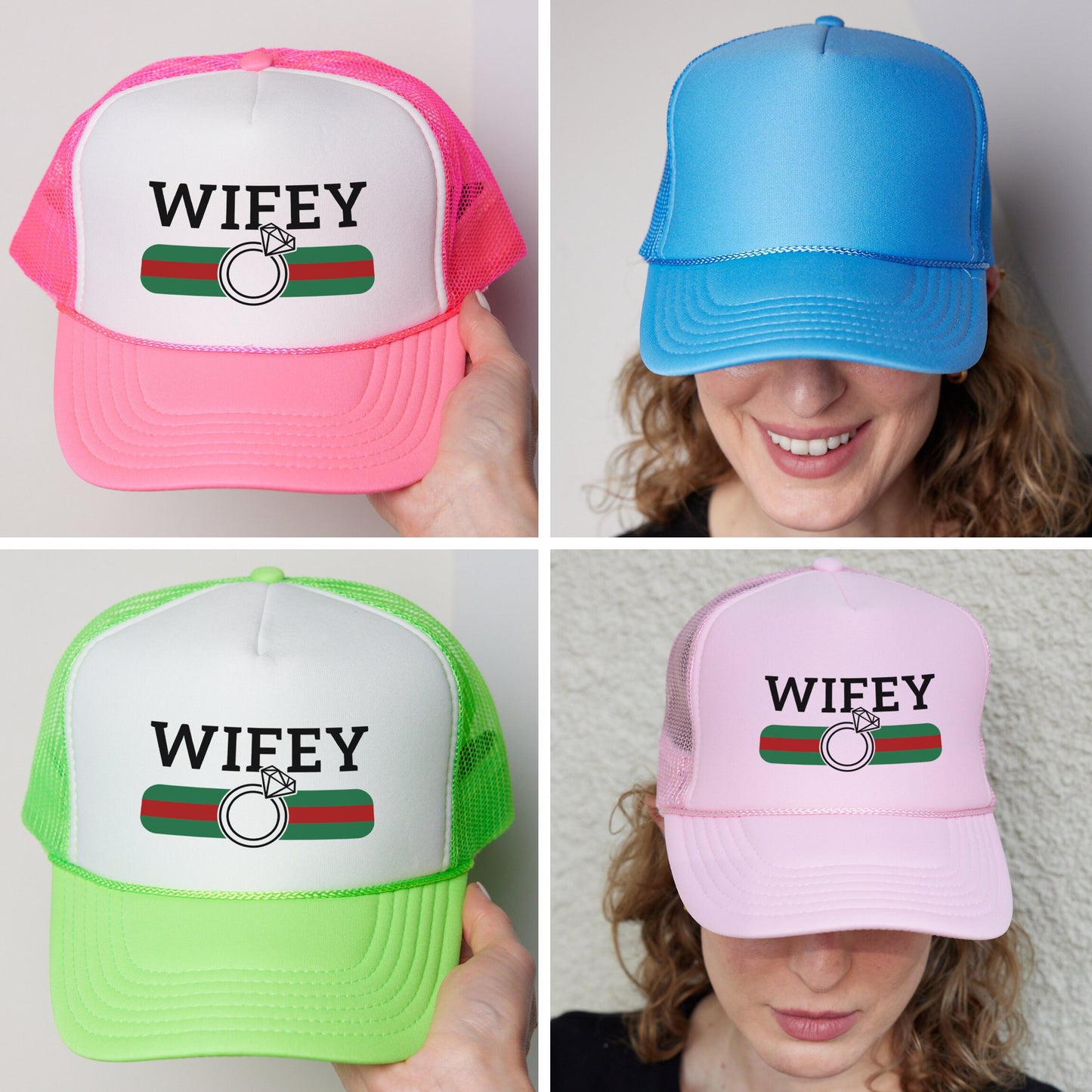 four different hats with different colors and designs