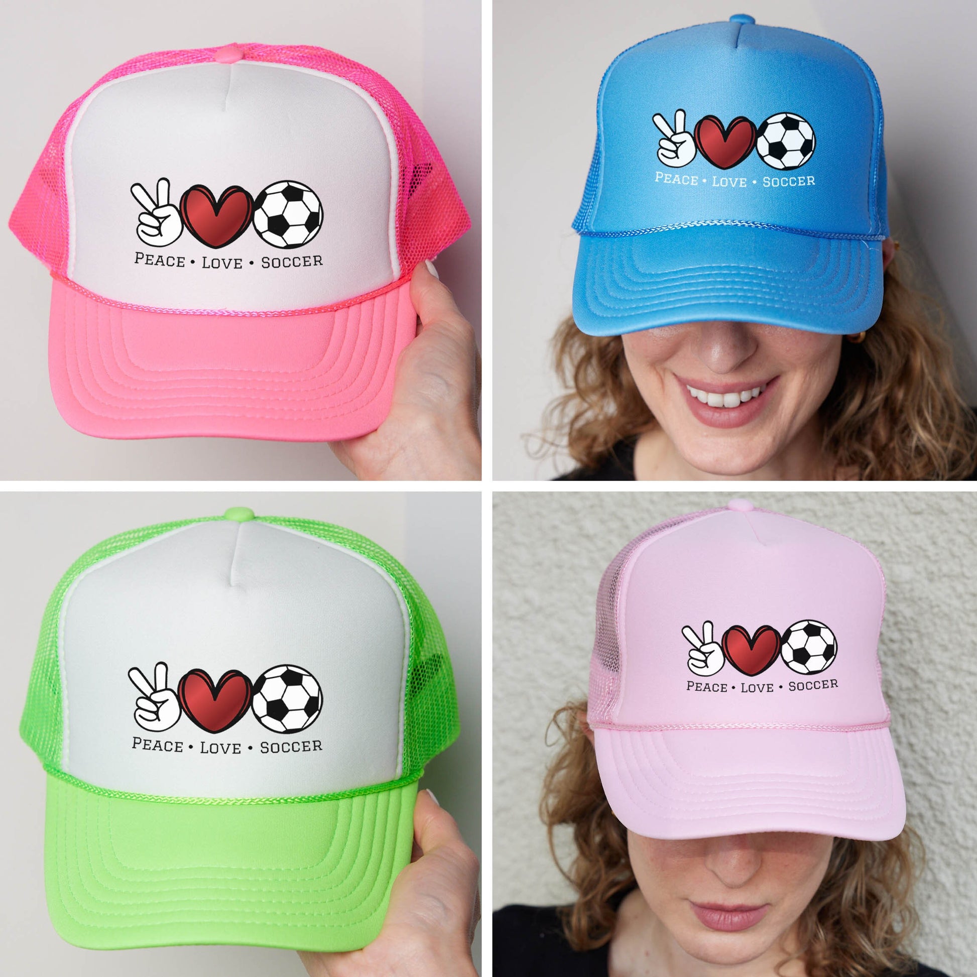 four different hats with a woman holding a soccer ball