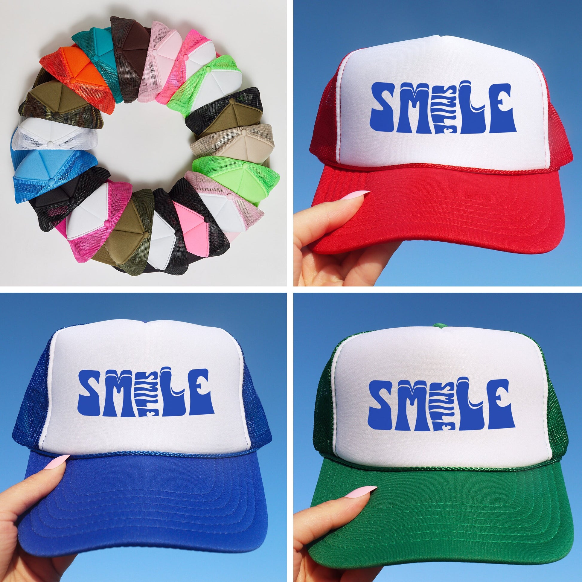 a collage of four hats with different colors