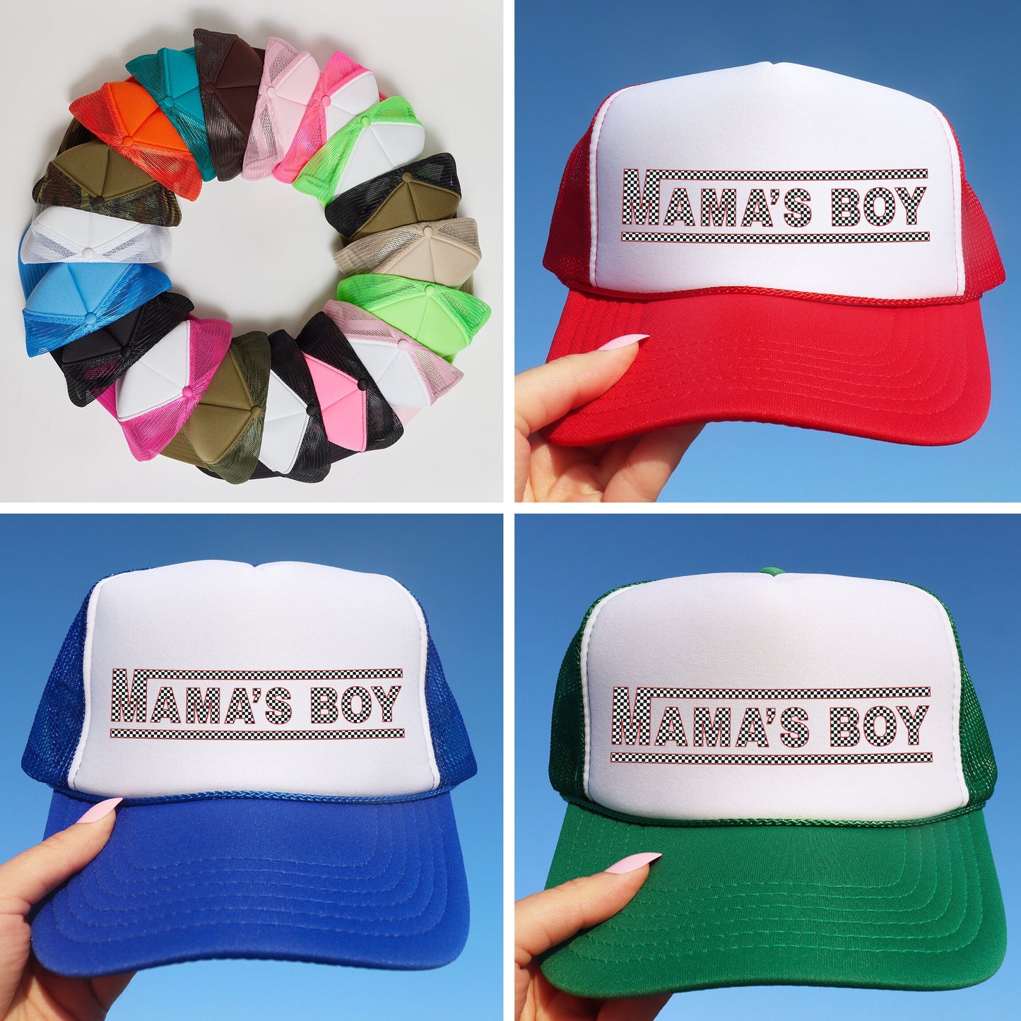 a collage of hats with the words mama&#39;s boy on them