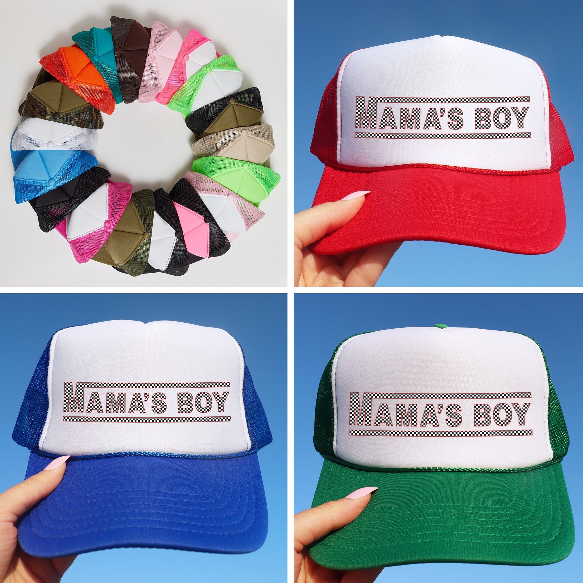 a collage of hats with the words mama&#39;s boy on them