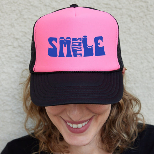 Smile Trucker Hat, Happy Life Baseball Cap, Retro Lettered Smile Baseball Hats, Happy Life Hat, Smile More Caps