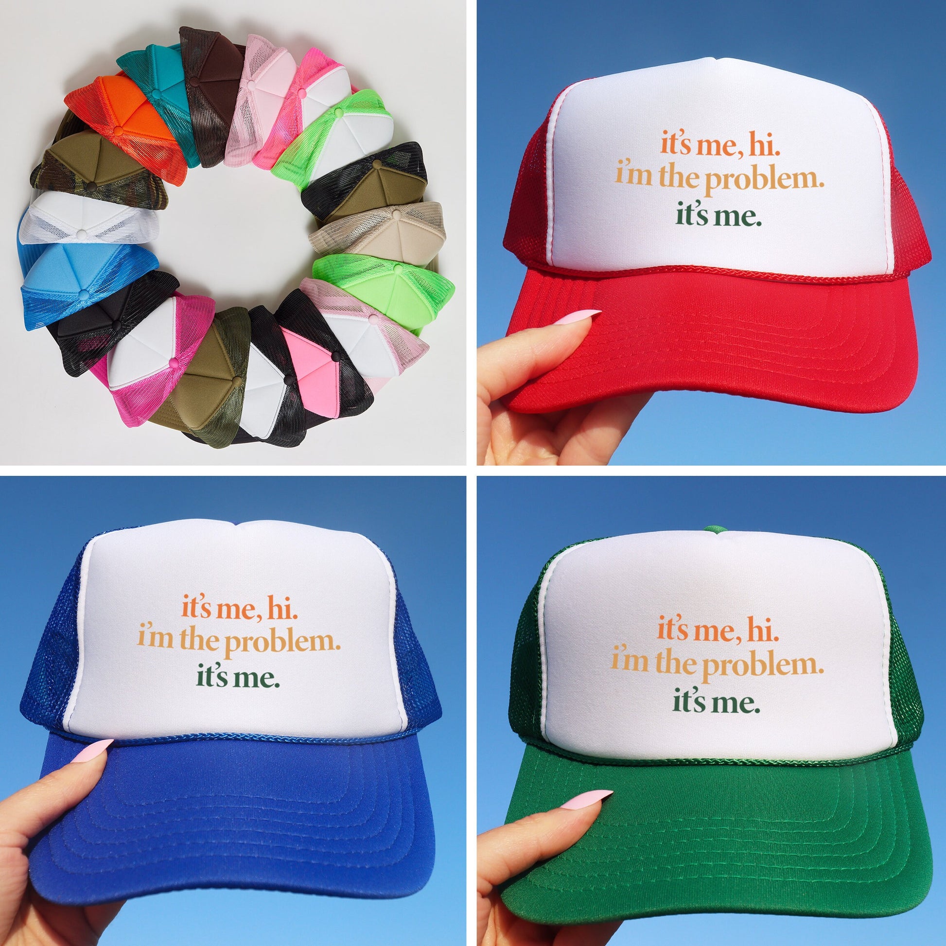 a collage of four hats with different sayings