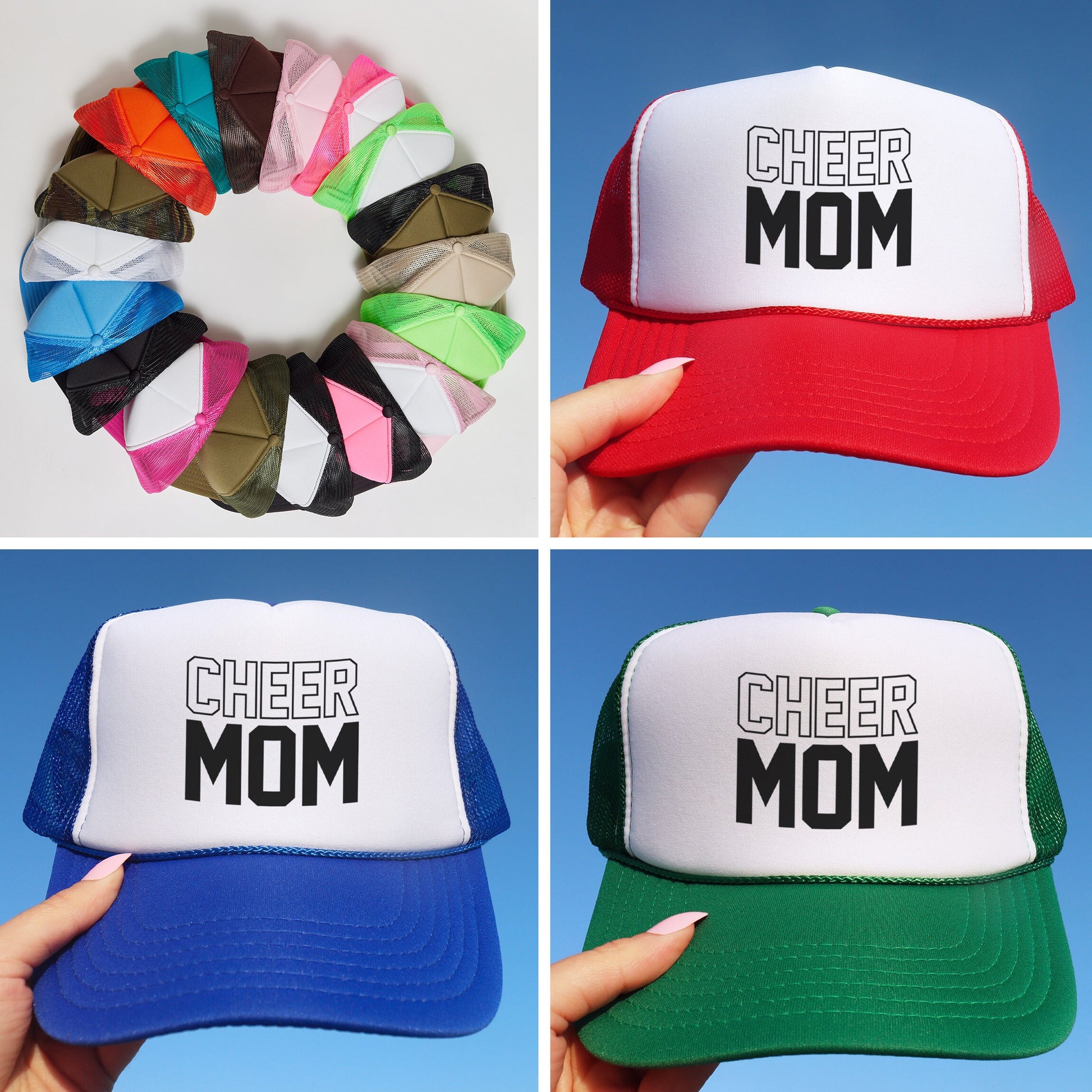 four different hats with the words cheer mom on them