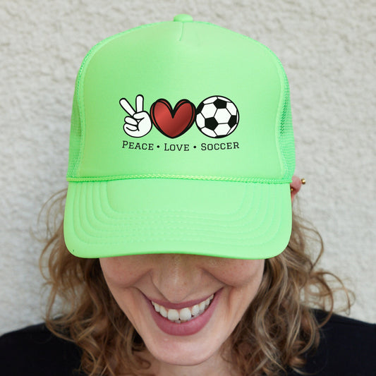 Peace Love Soccer Hat, Soccer Mom Hat, Soccer Lover Trucker hats, Soccer  Hats, Game Day Hats, Game Season Caps