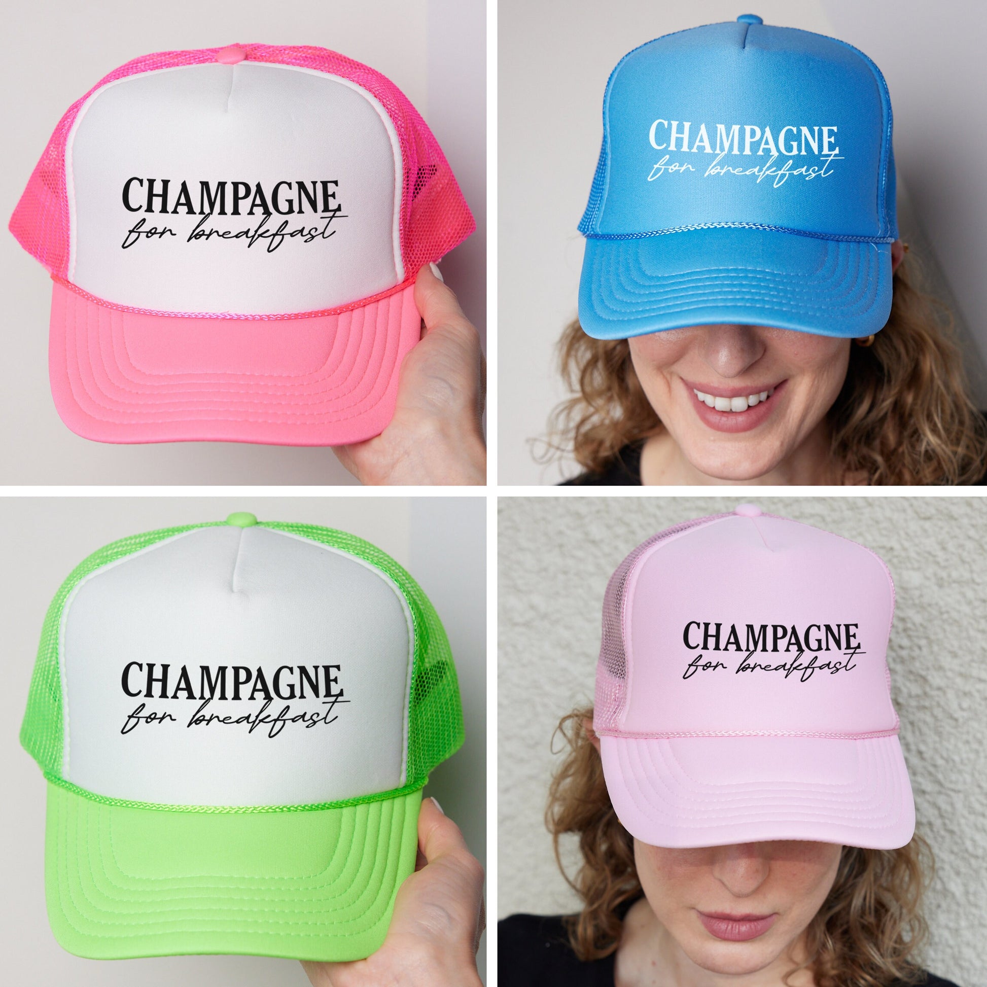 a woman wearing four different hats that say champagne, champagne, champagne, champagne,