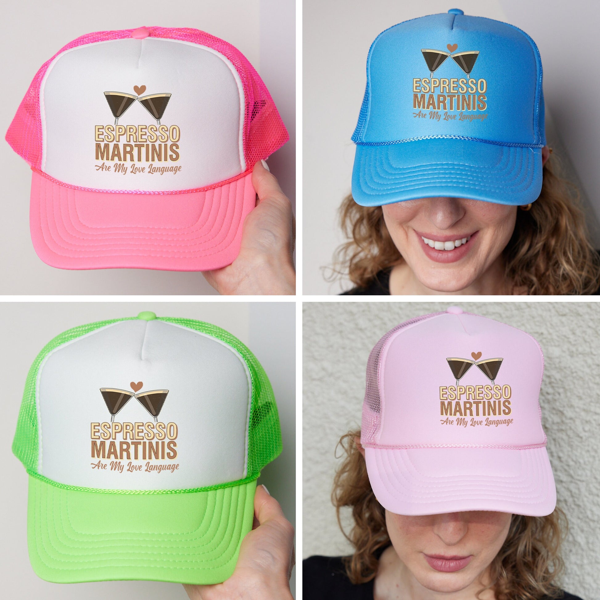 four hats with different colors and designs on them