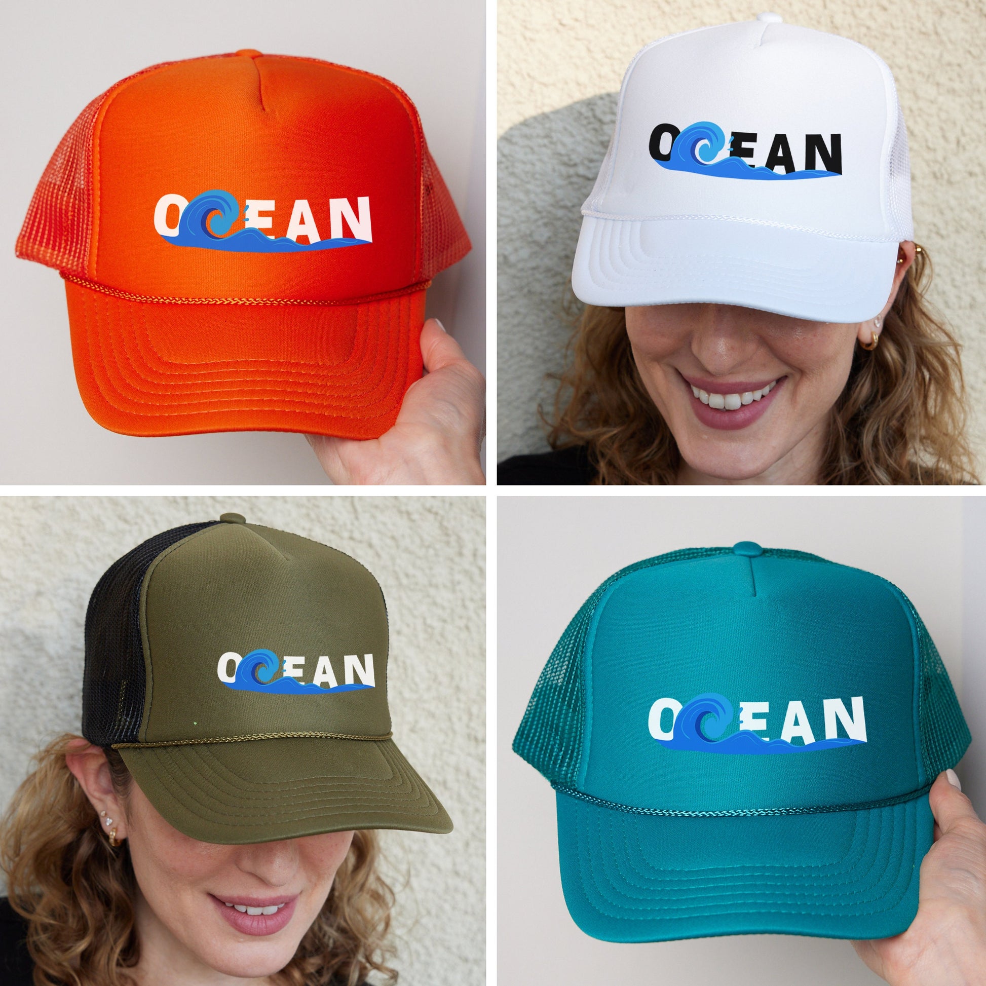 four different hats with the words ocean on them