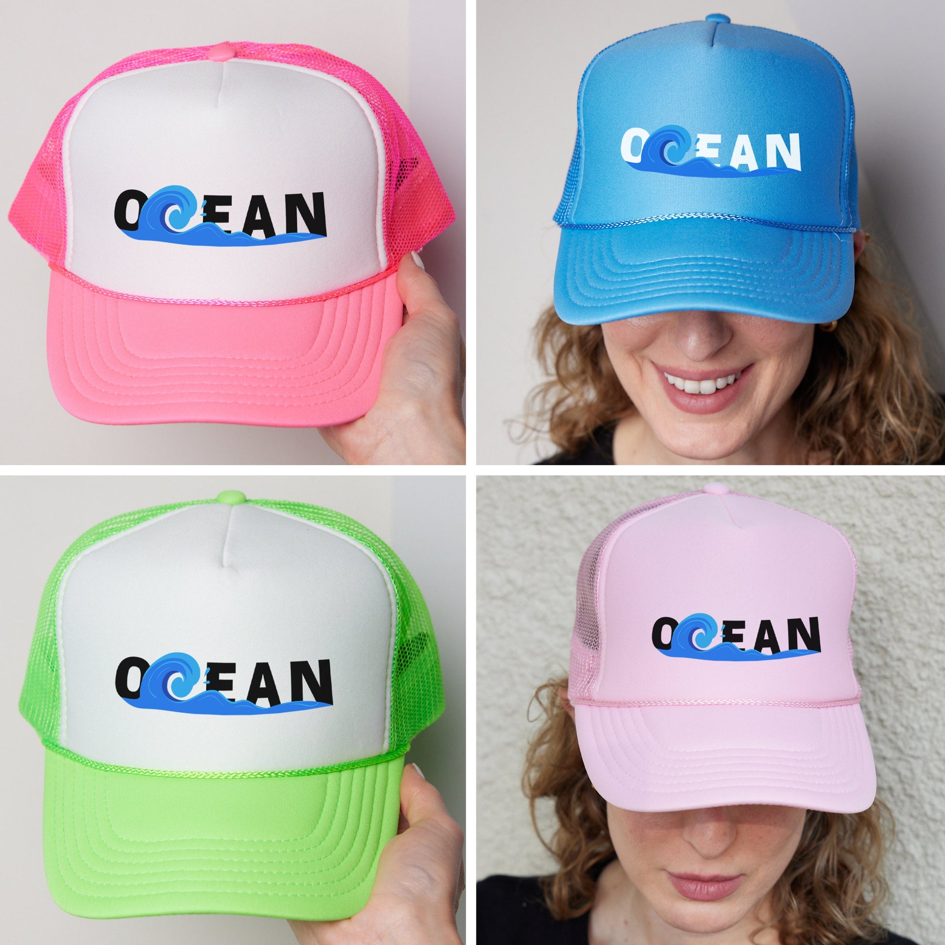 four different hats with the words ocean on them