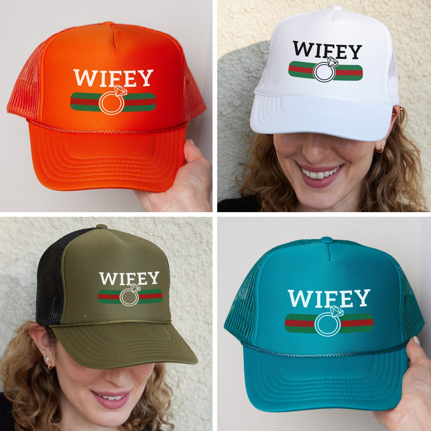 four different hats with the words wifey, wifey, wifey on them