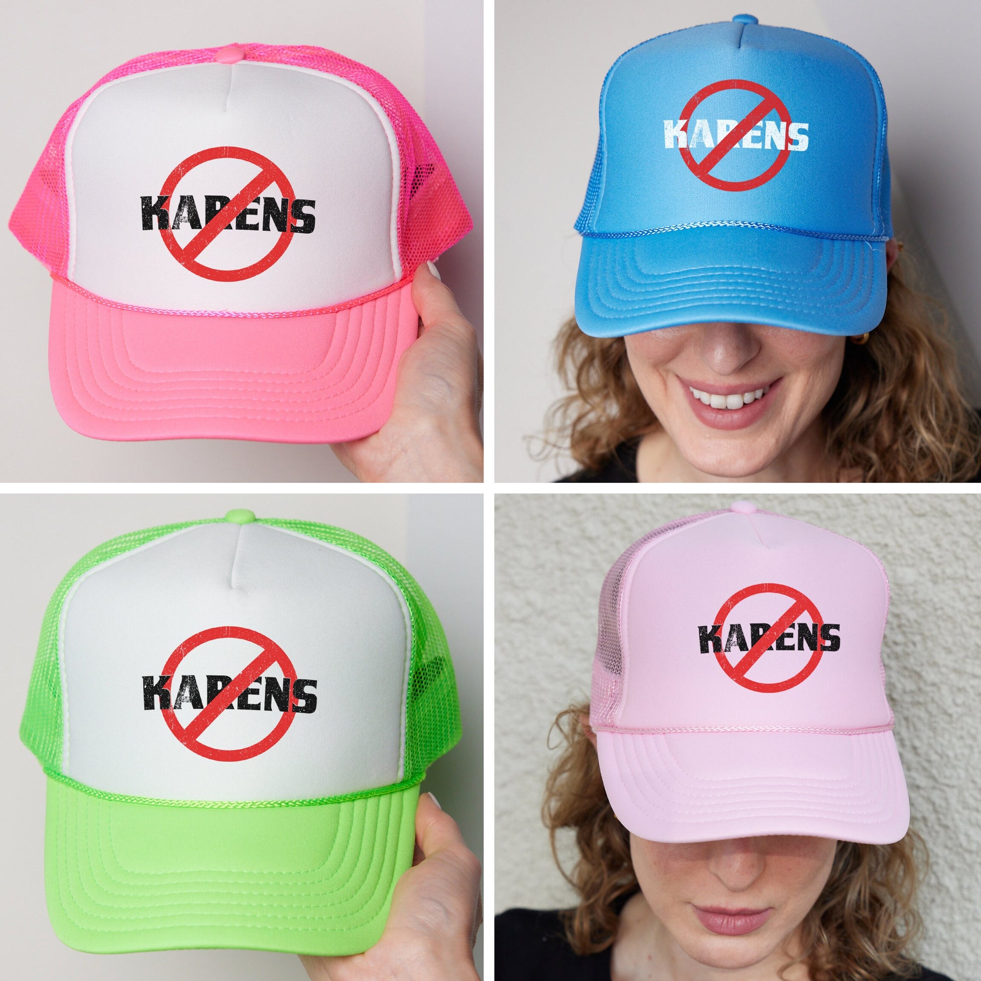 a woman wearing four different colored hats