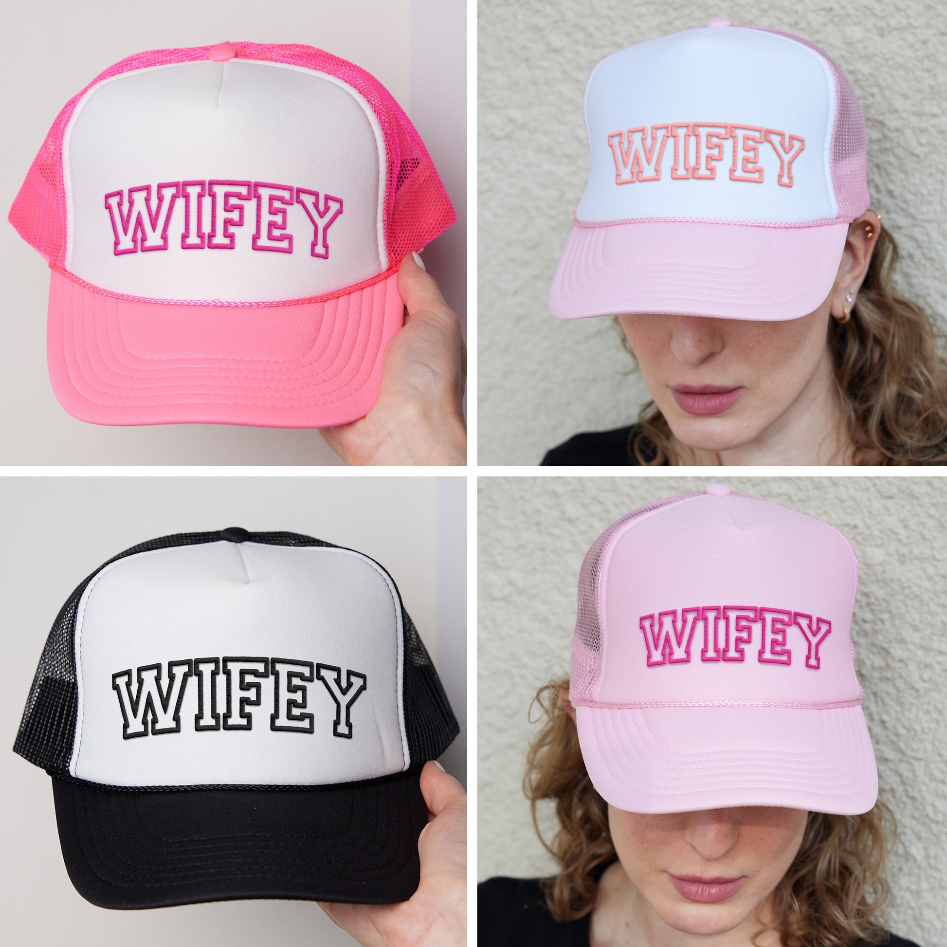 four different hats with the words wheyy on them