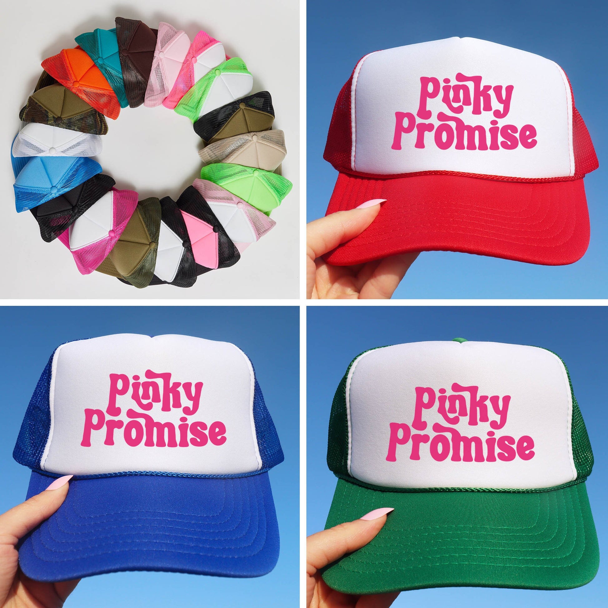 a collage of four different hats with the words pigty promise on them