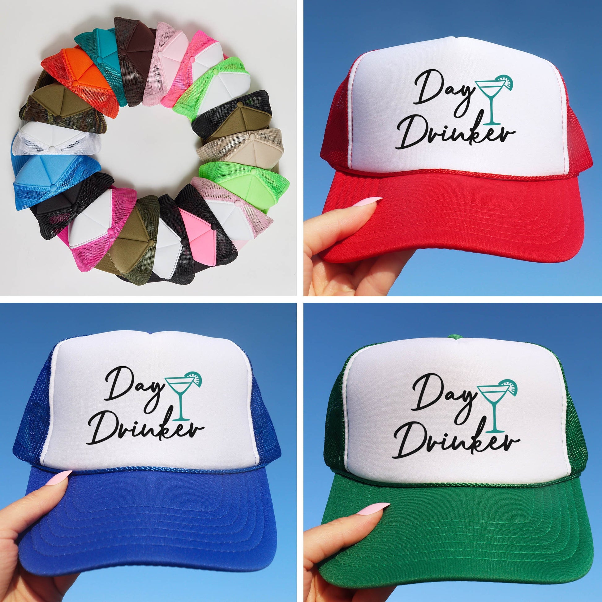 a collage of four hats with different designs