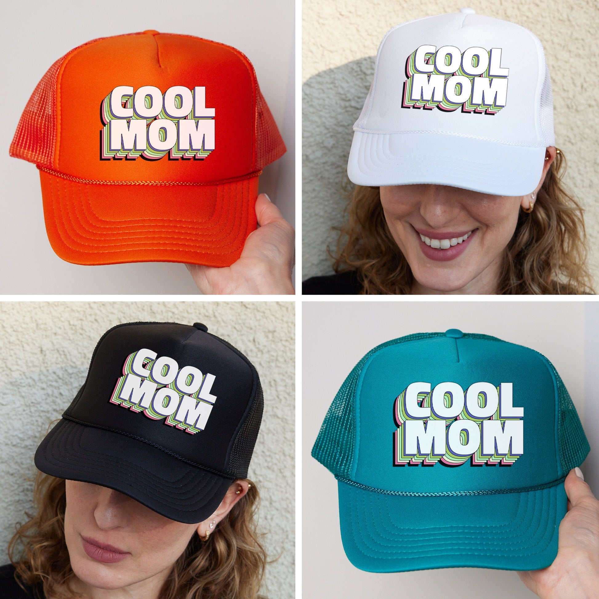 a collage of four hats with the words cool mom on them