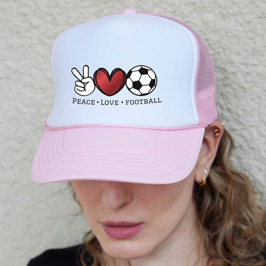 Peace Love Football Hat, Football Mom Hat, Football Lover Trucker hats, Football Hats, Game Day Hats, Game Season Caps