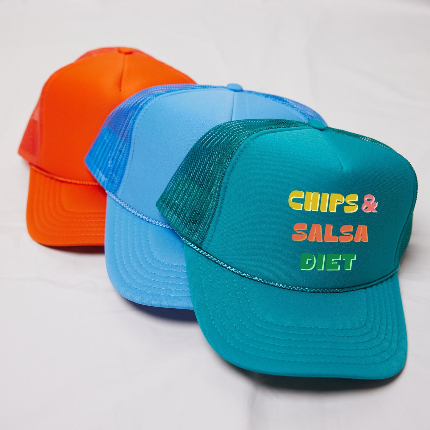 three caps that say chips and salsa diet