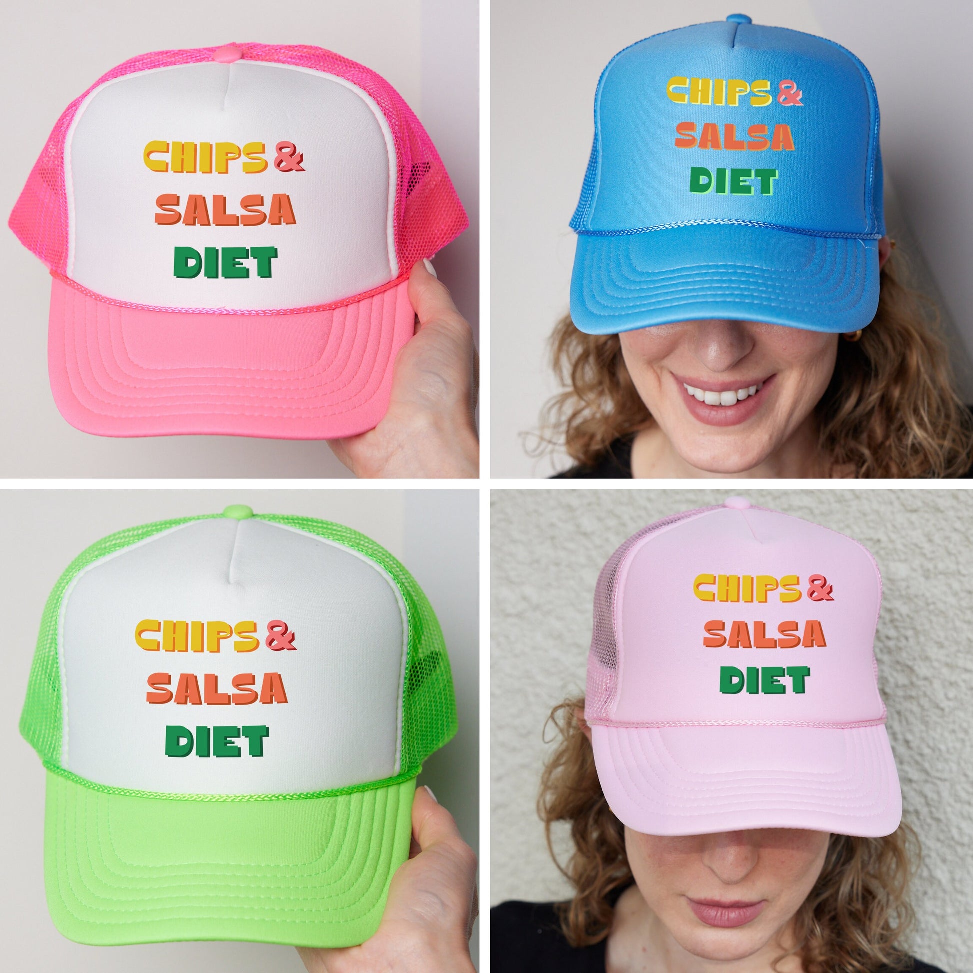 four different hats with different words on them