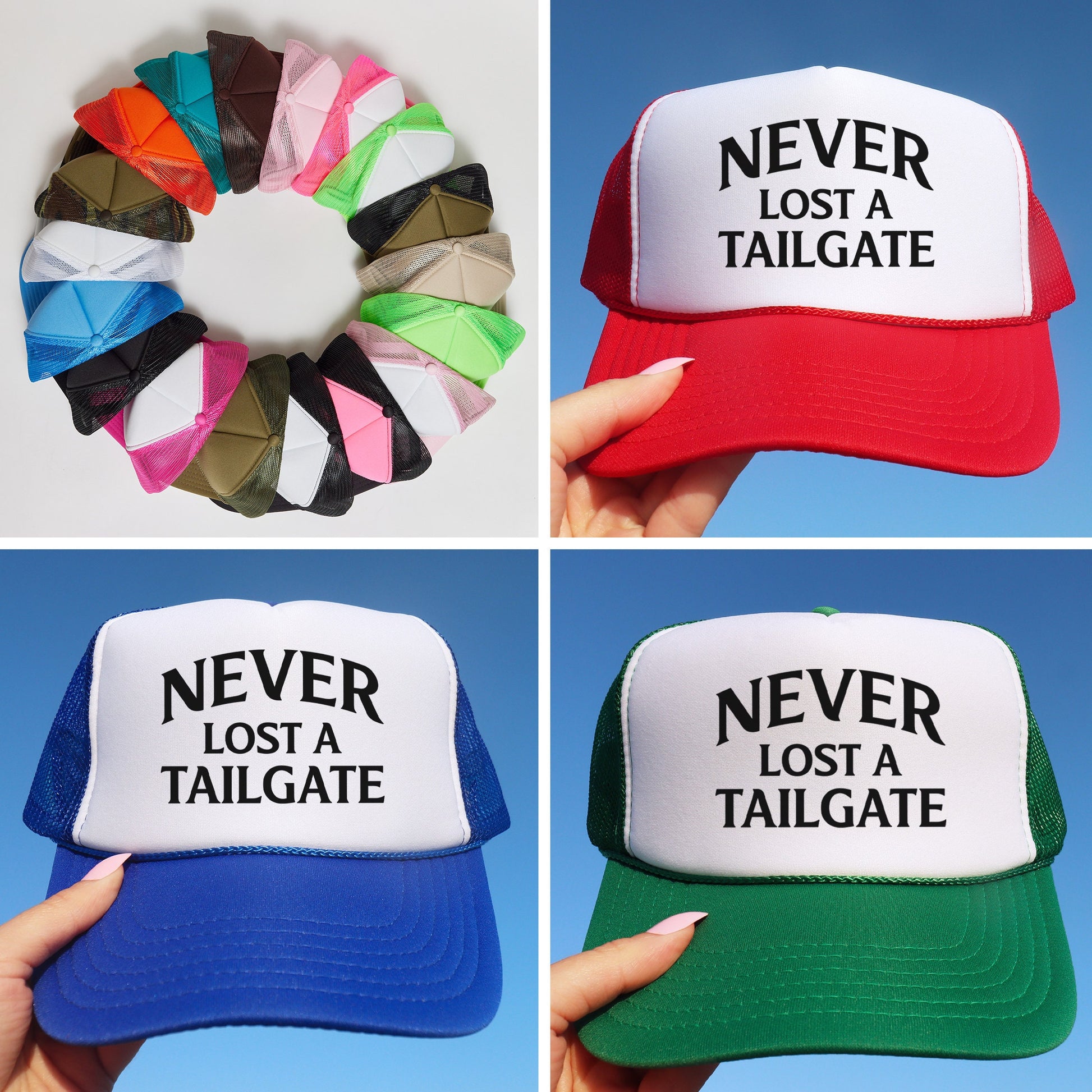 a collage of four hats with the words never lost a tailgate