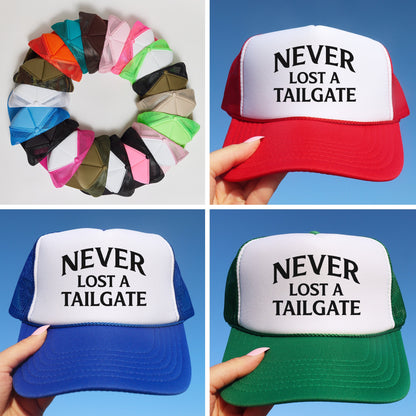 a collage of four hats with the words never lost a tailgate