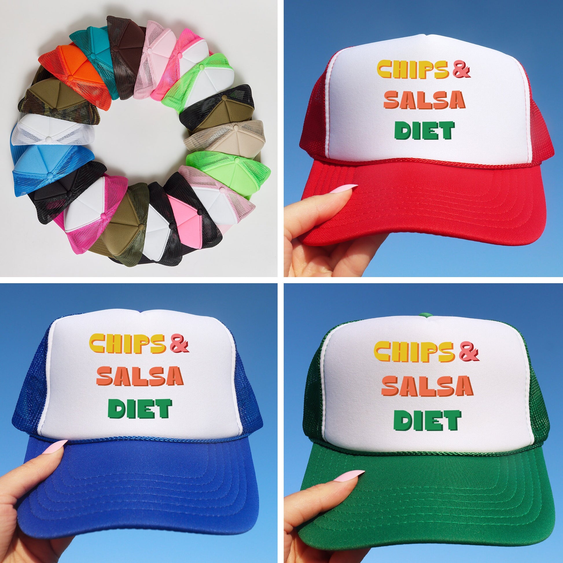 a collage of four different hats with words on them