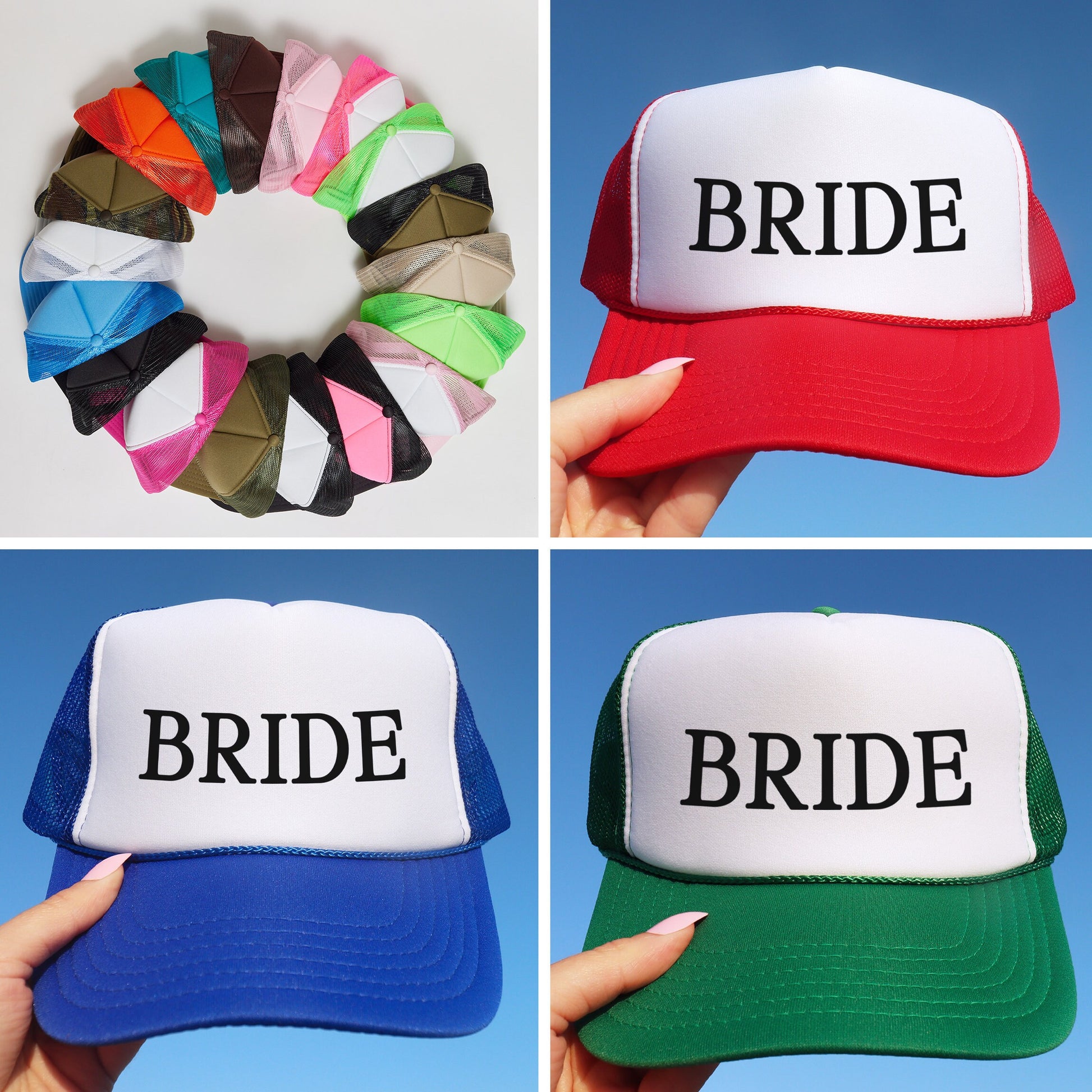 a collage of four hats with the words bride, bride, and bride on
