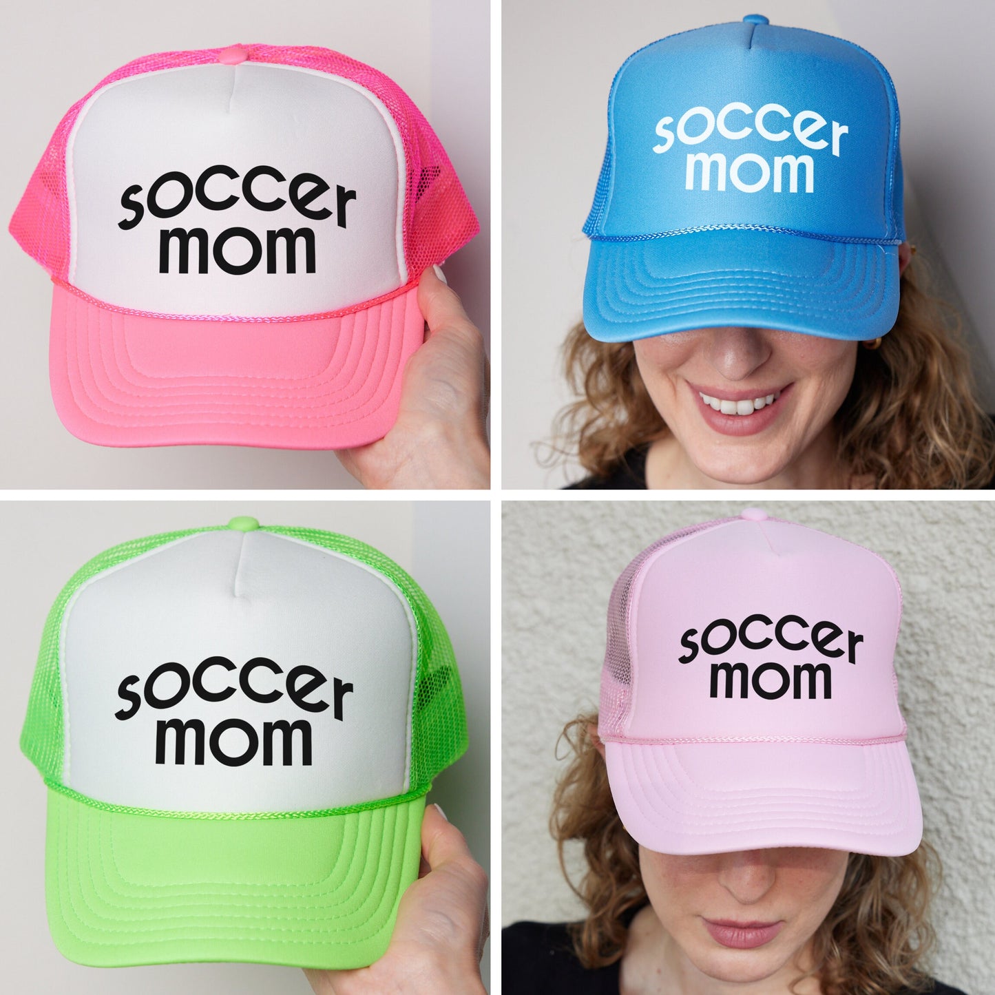 four pictures of a woman wearing a soccer mom hat